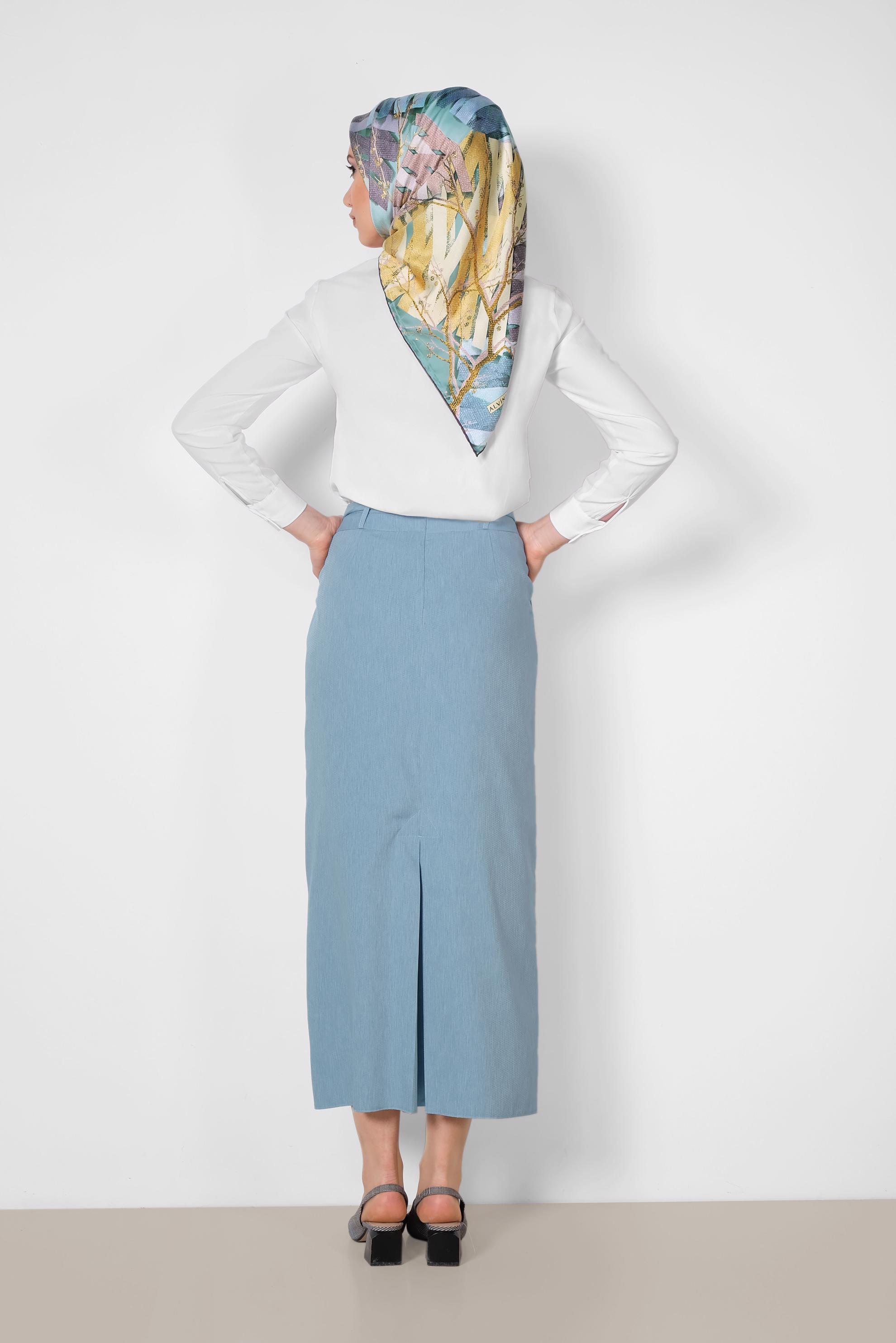 Tesettür giyim MAVİ BELDEN BAĞCIKLI ETEK 6372