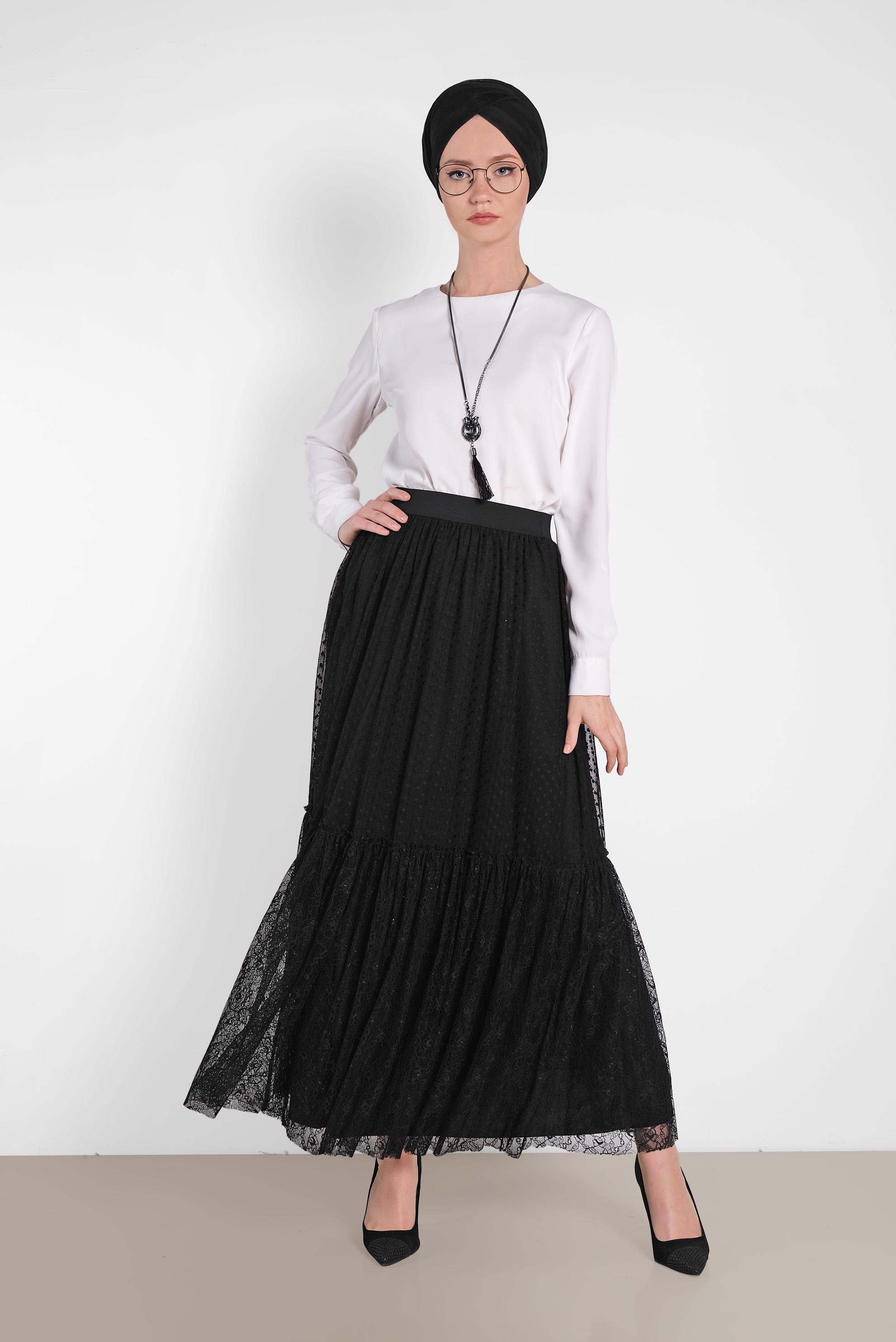 Tesettür giyim SİYAH BELİ LASTİKLİ DANTEL ETEK 6377