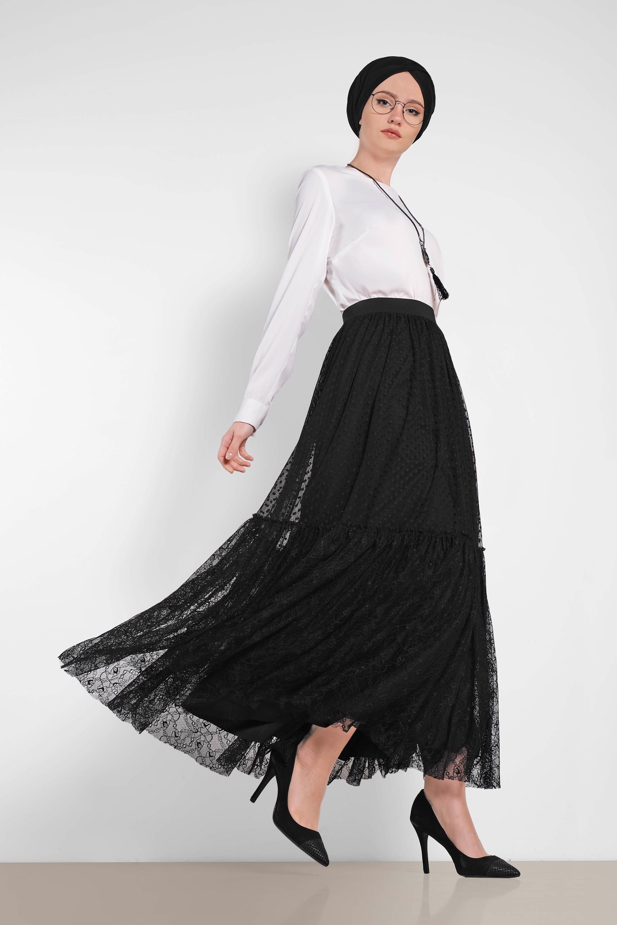 Tesettür giyim SİYAH BELİ LASTİKLİ DANTEL ETEK 6377
