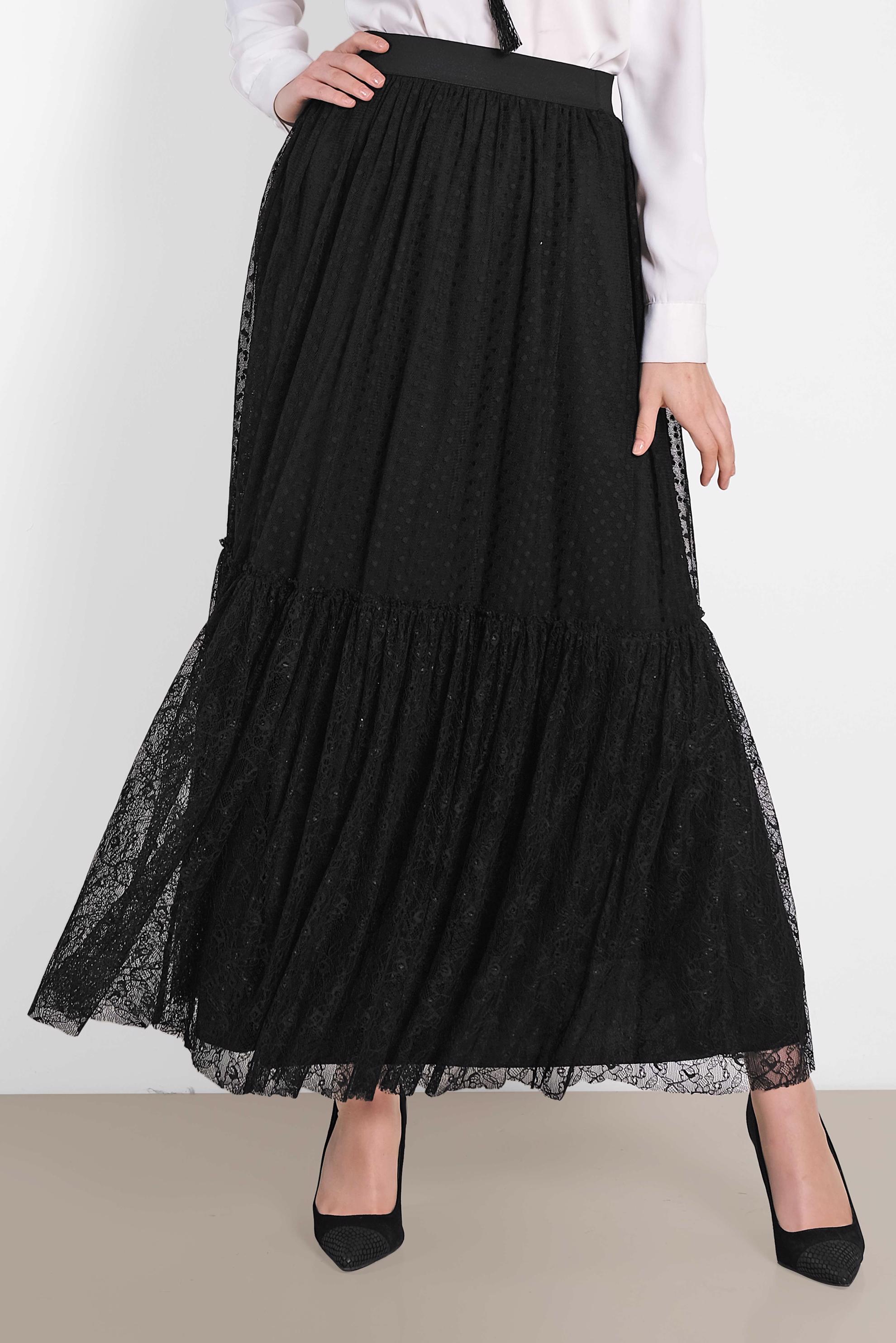 Tesettür giyim SİYAH BELİ LASTİKLİ DANTEL ETEK 6377