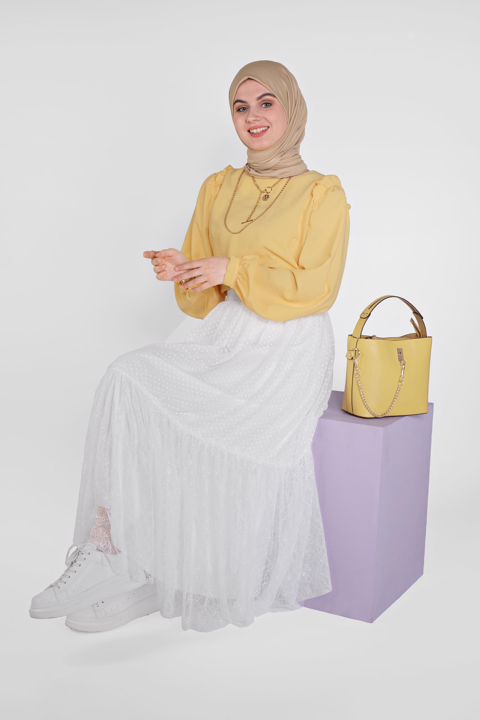 Tesettür giyim BEYAZ BELİ LASTİKLİ DANTEL ETEK 6377