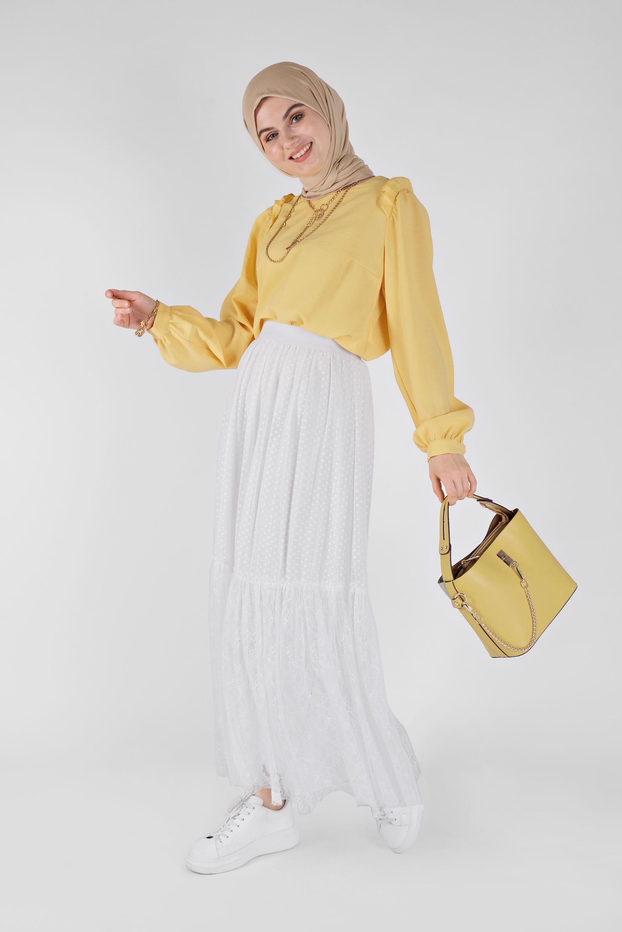 Tesettür giyim BEYAZ BELİ LASTİKLİ DANTEL ETEK 6377