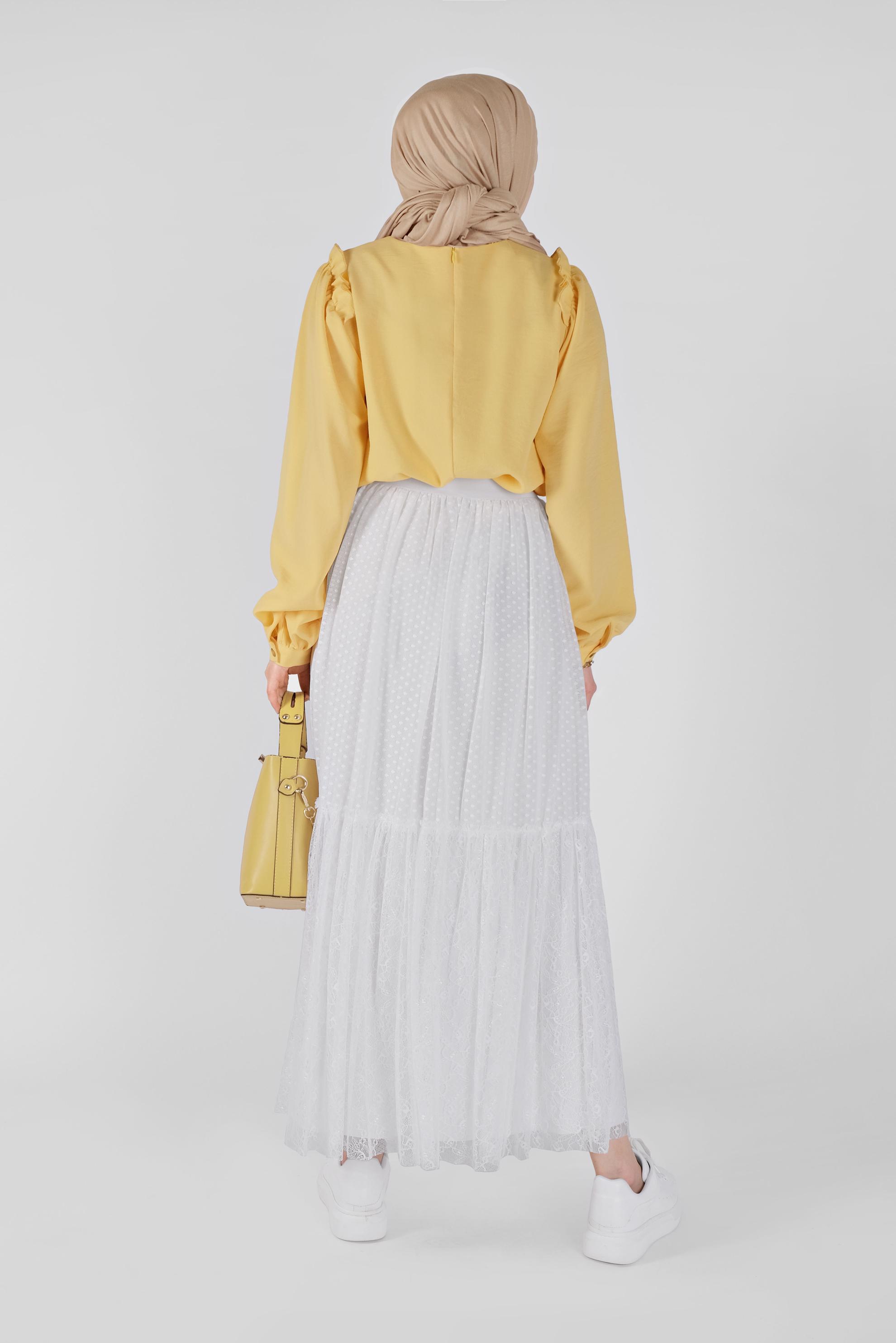 Tesettür giyim BEYAZ BELİ LASTİKLİ DANTEL ETEK 6377