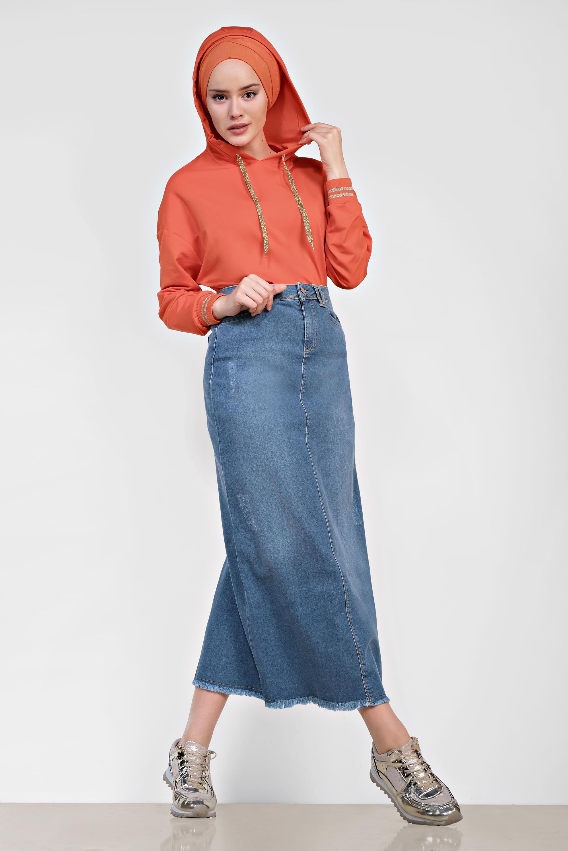 Tesettür giyim MAVİ ETEK UCU PÜSKÜLLÜ PAMUKLU DENİM ETEK 6378