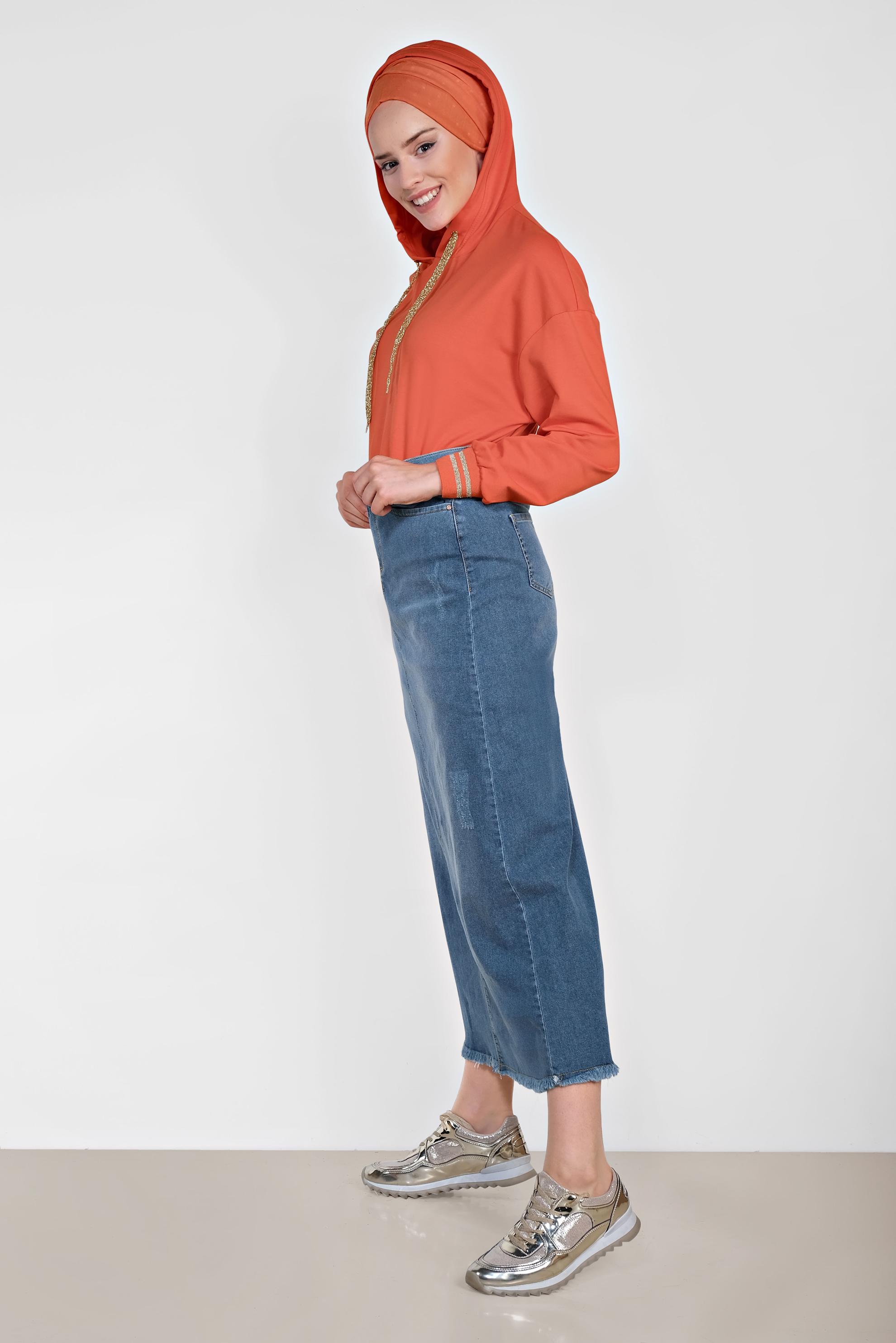 Tesettür giyim MAVİ ETEK UCU PÜSKÜLLÜ PAMUKLU DENİM ETEK 6378