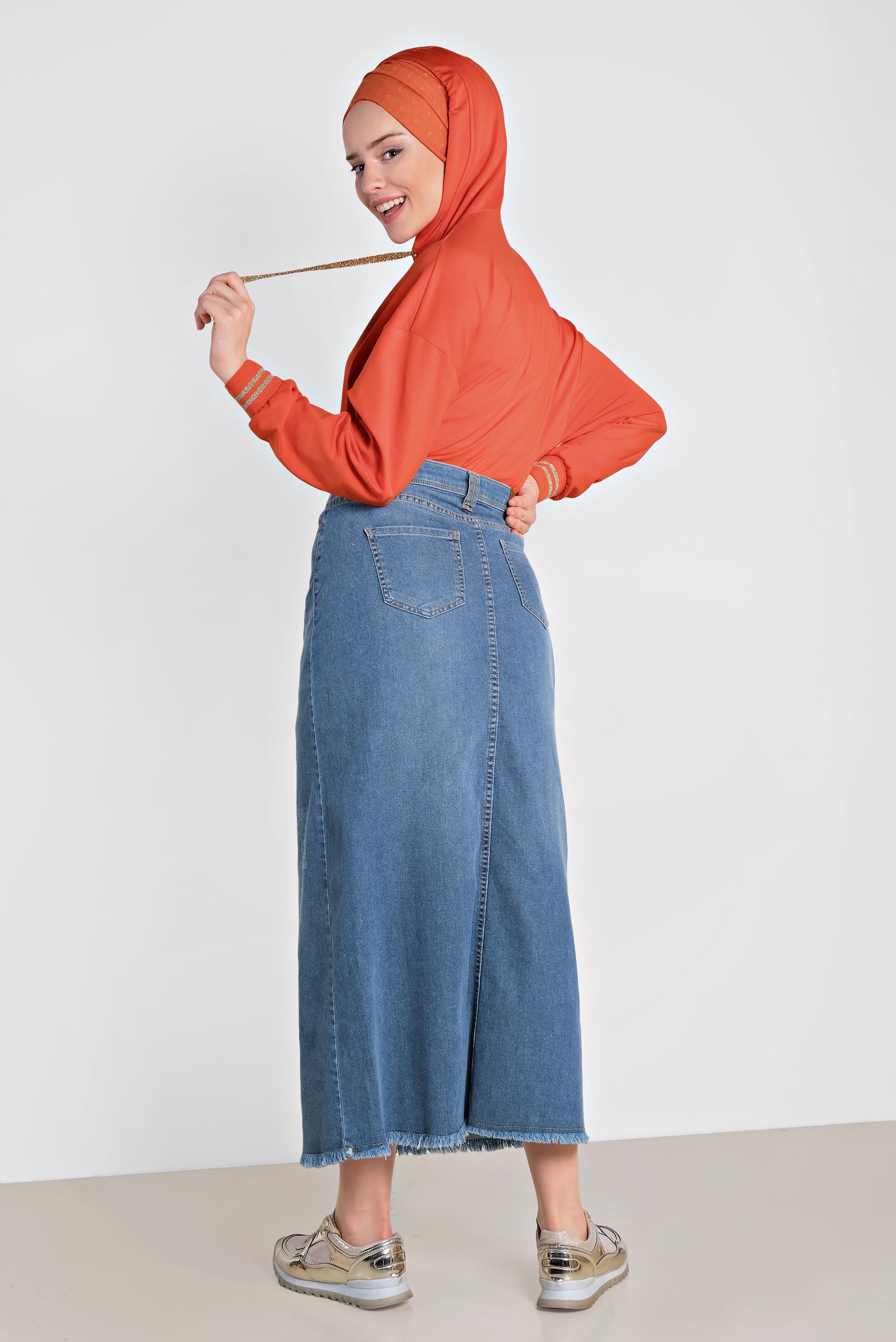 Tesettür giyim MAVİ ETEK UCU PÜSKÜLLÜ PAMUKLU DENİM ETEK 6378