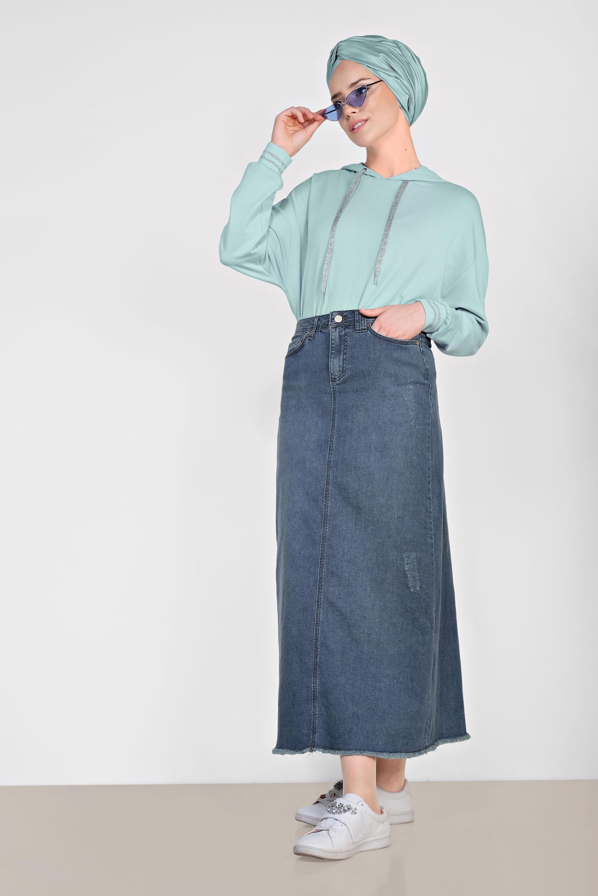 Tesettür giyim YEŞİL PAMUKLU YÜKSEK BEL ETEK 6379