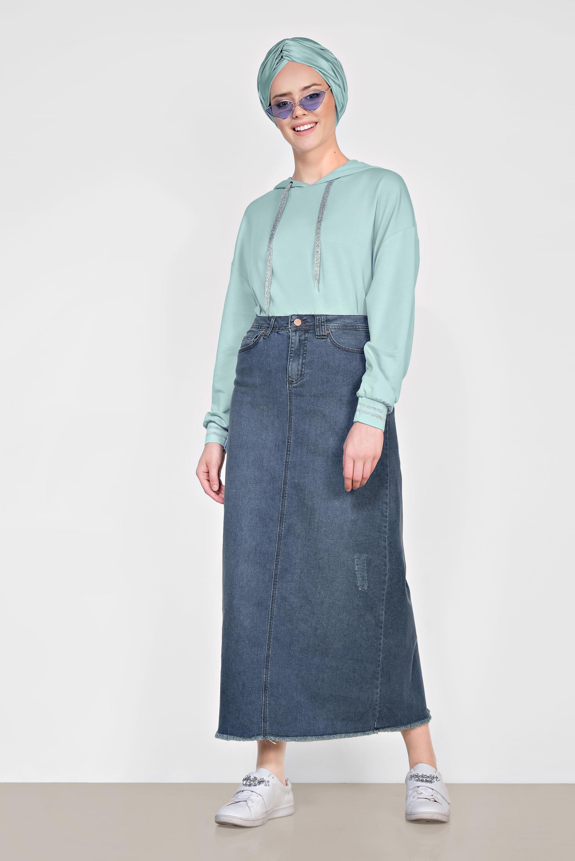 Tesettür giyim YEŞİL PAMUKLU YÜKSEK BEL ETEK 6379