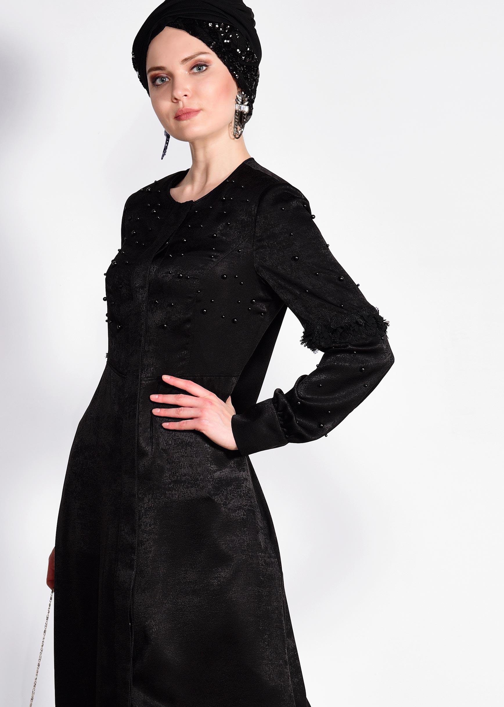 Hijab clothing BLACK Hidden Button Pearl Abaya 8267