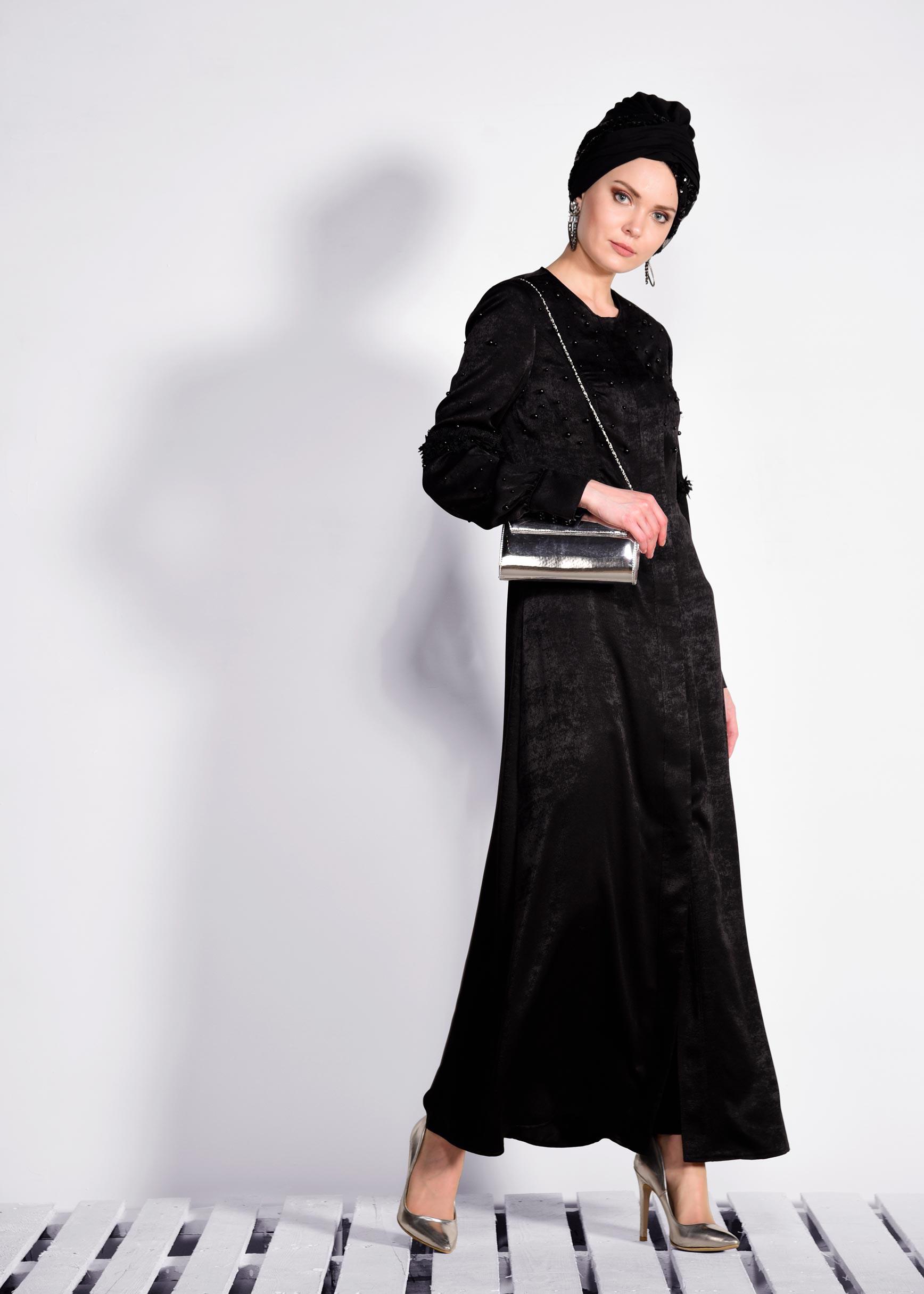 Hijab clothing BLACK Hidden Button Pearl Abaya 8267