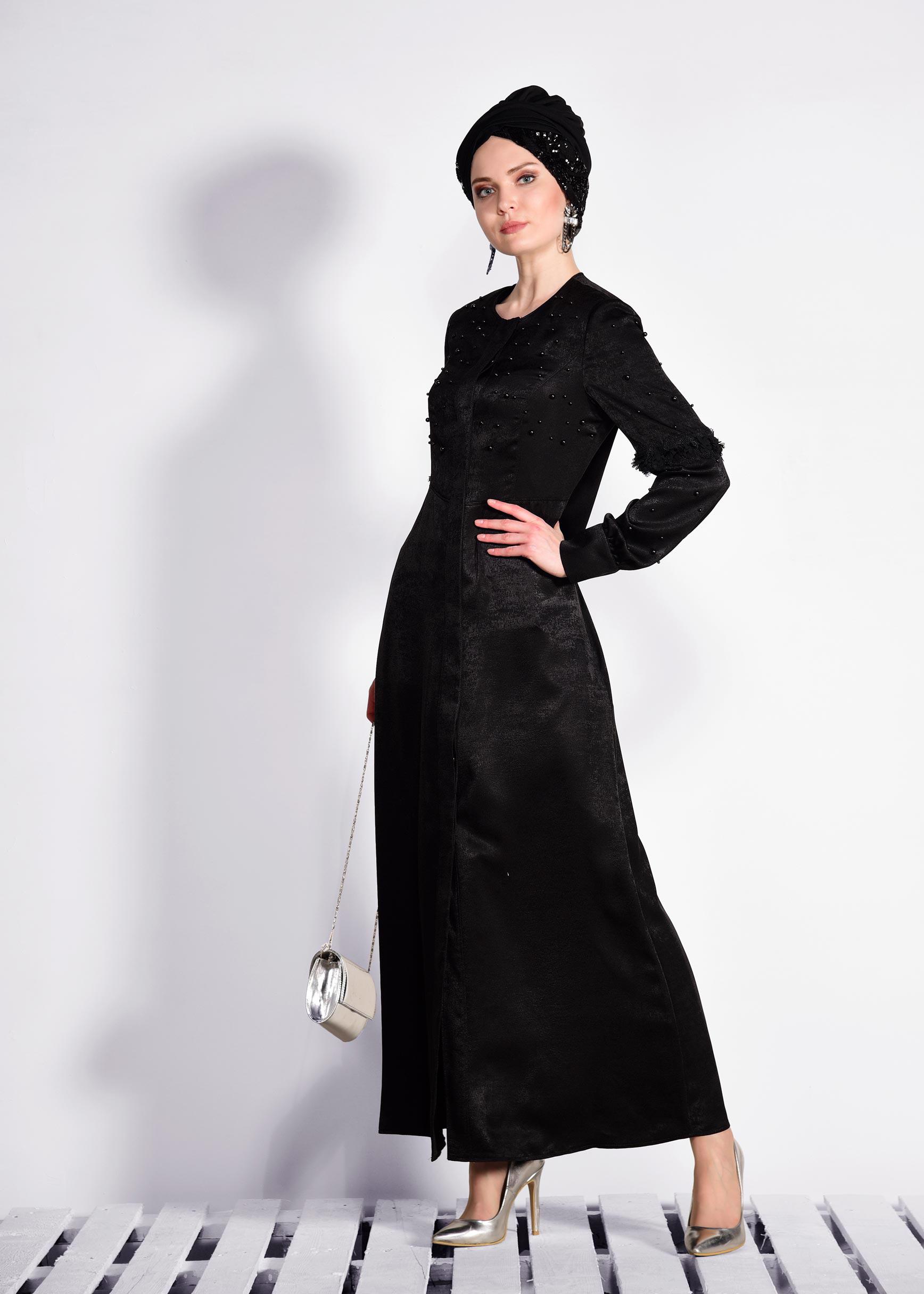 Hijab clothing BLACK Hidden Button Pearl Abaya 8267