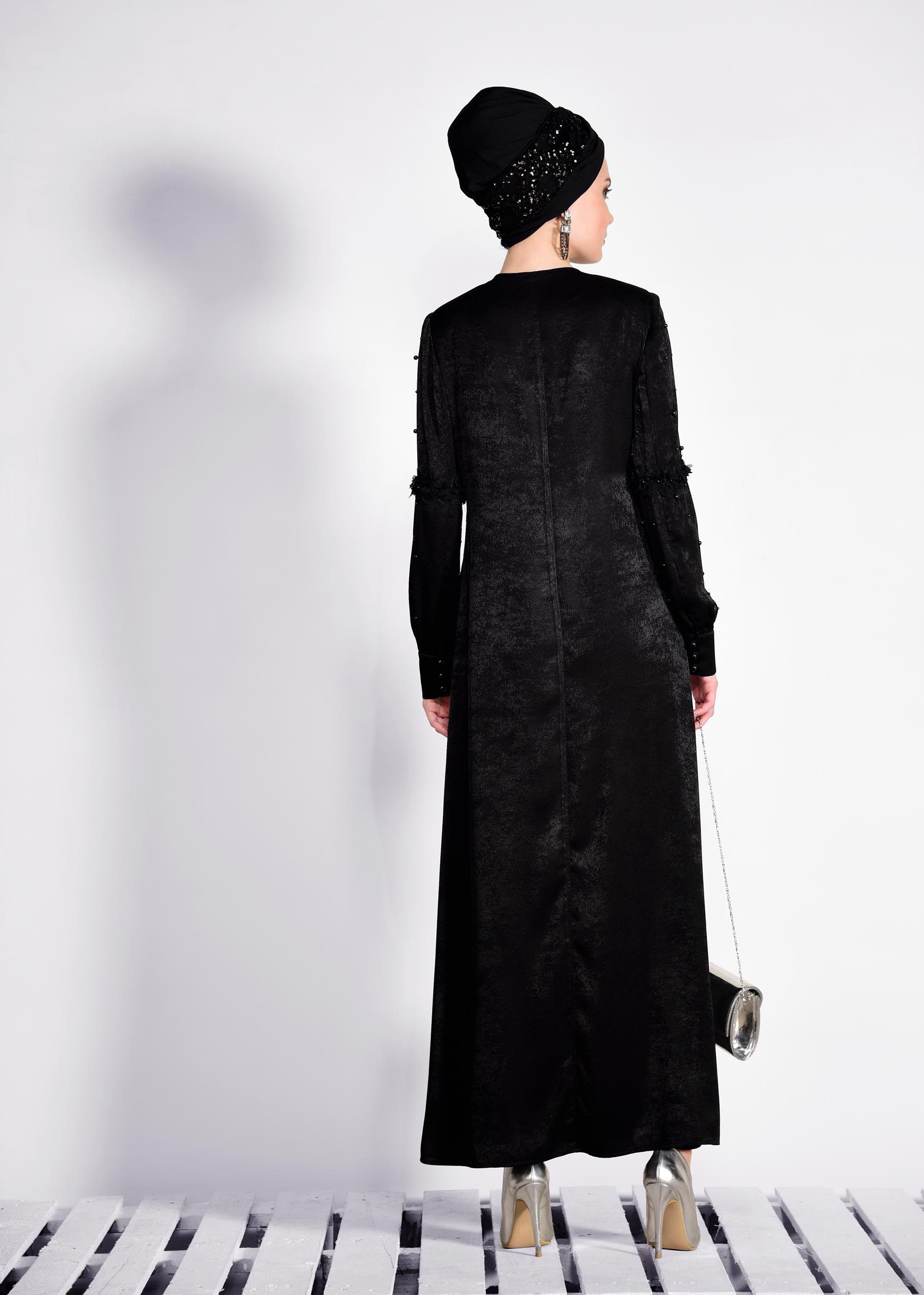Hijab clothing BLACK Hidden Button Pearl Abaya 8267