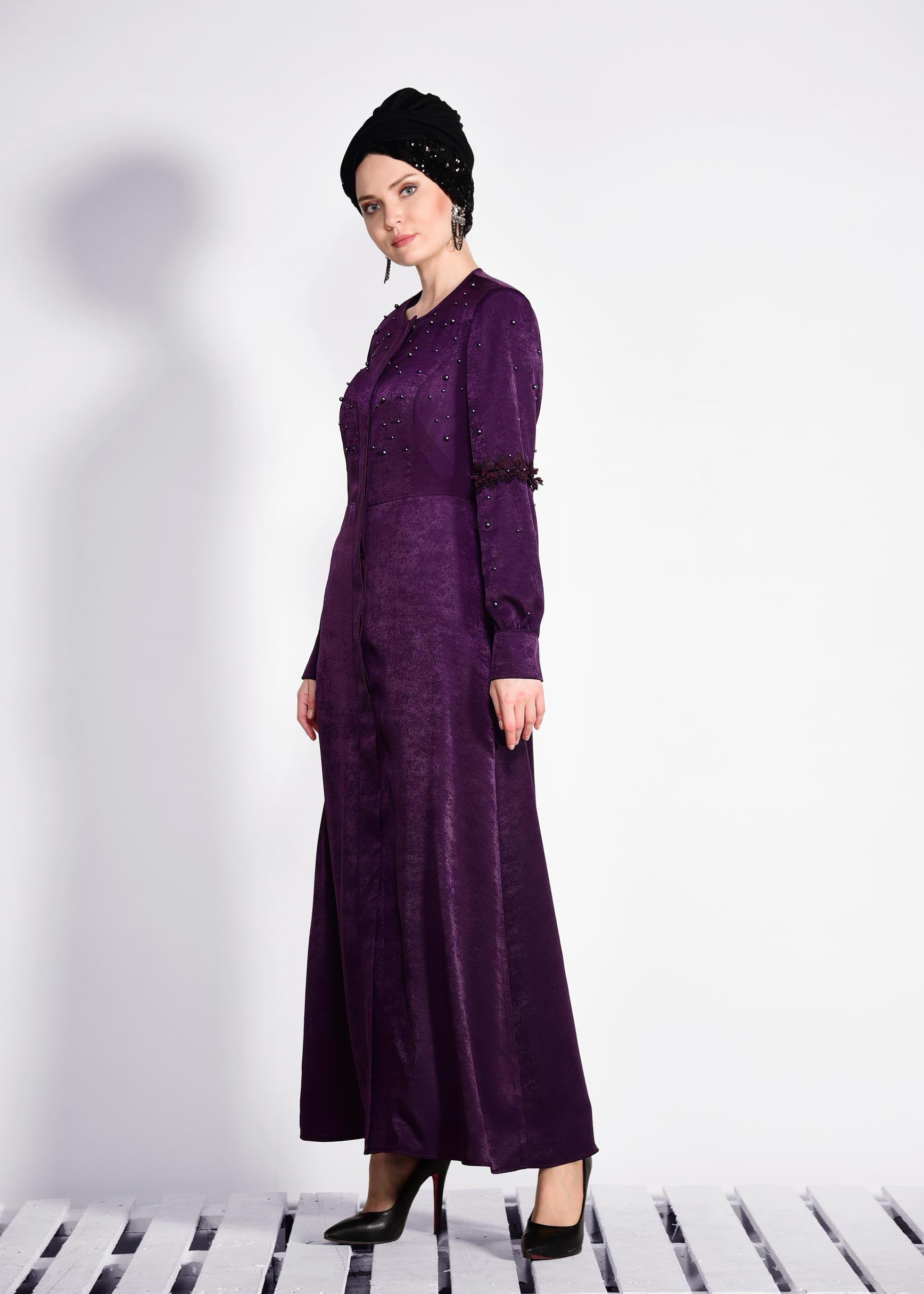 Tesettür giyim MOR GİZLİ DÜĞMELİ İNCİLİ FERACE 8267