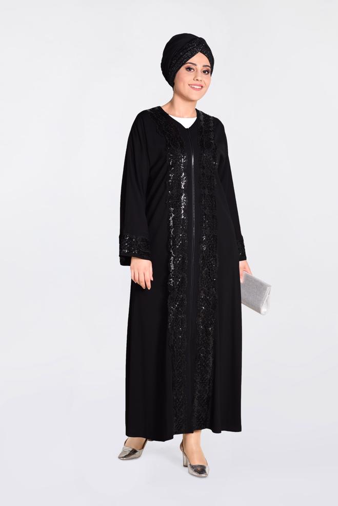 Hijab clothing BLACK Guipure Detail Sequin Embroidered Abaya 8270 - ALVİNA