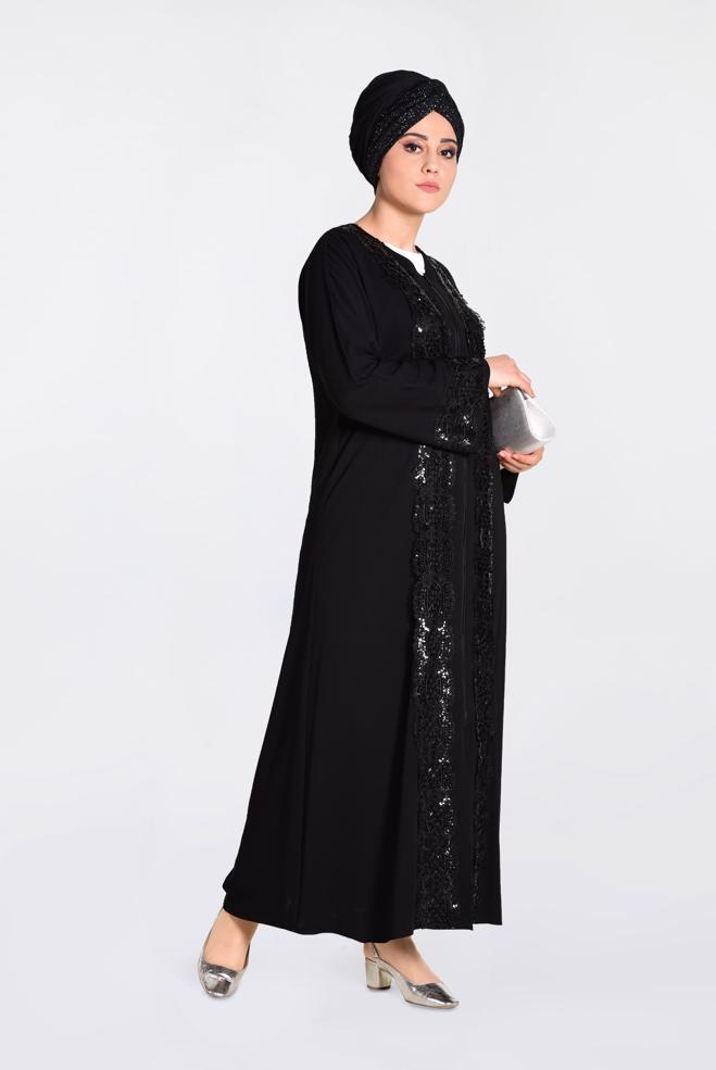Hijab clothing BLACK Guipure Detail Sequin Embroidered Abaya 8270 - ALVİNA