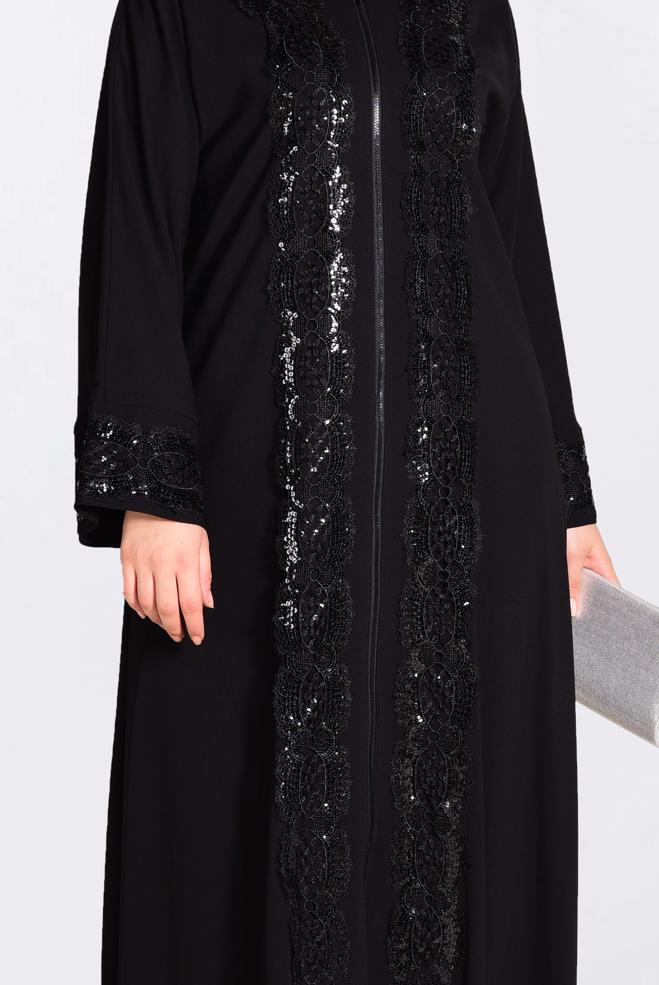 Hijab clothing BLACK Guipure Detail Sequin Embroidered Abaya 8270 - ALVİNA