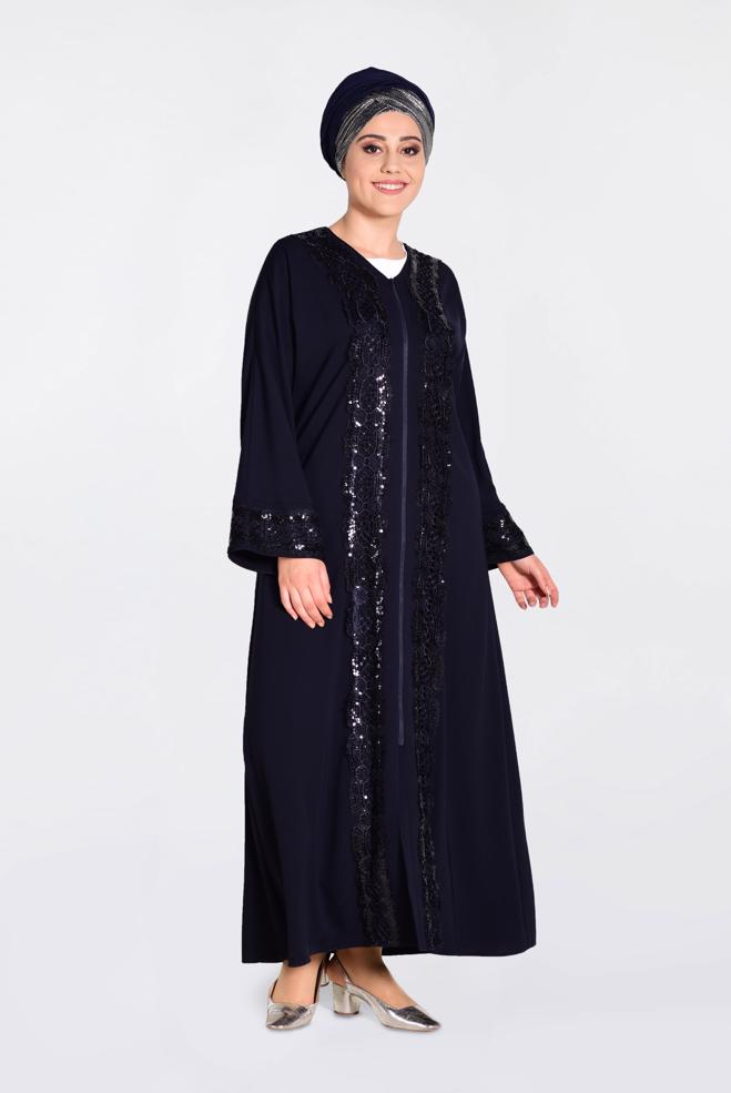 Hijab clothing NAVY BLUE Guipure Detail Sequin Embroidered Abaya 8270 - ALVİNA
