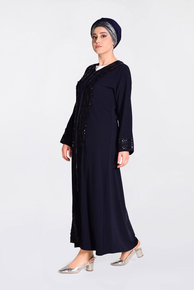 Hijab clothing NAVY BLUE Guipure Detail Sequin Embroidered Abaya 8270 - ALVİNA