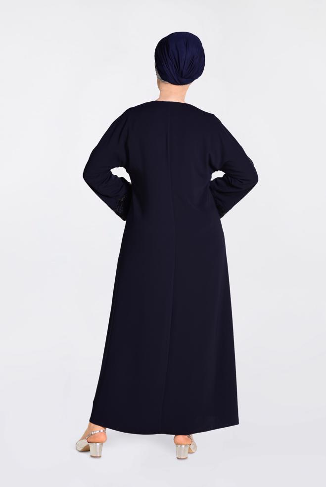 Hijab clothing NAVY BLUE Guipure Detail Sequin Embroidered Abaya 8270 - ALVİNA