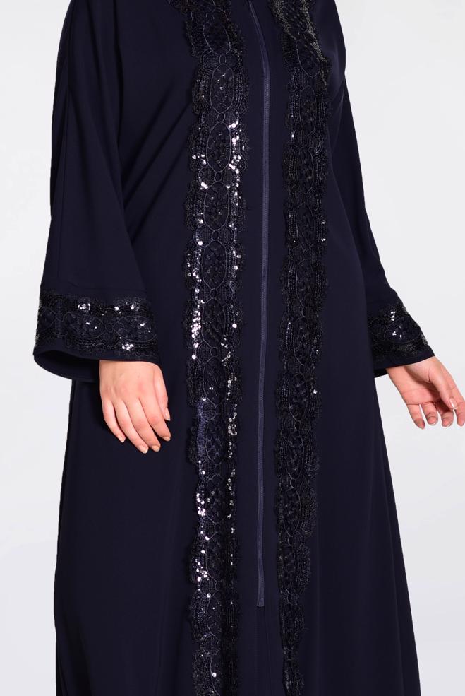 Hijab clothing NAVY BLUE Guipure Detail Sequin Embroidered Abaya 8270 - ALVİNA