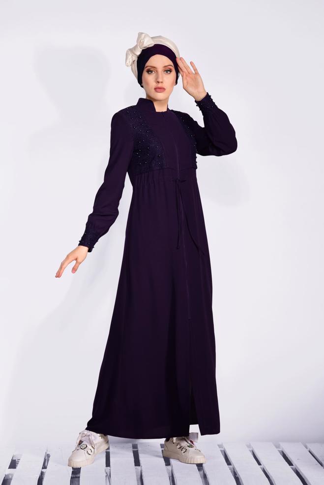 Hijab clothing DAMSON Shirred Waist Bead Embroidered Abaya 8286  - ALVİNA