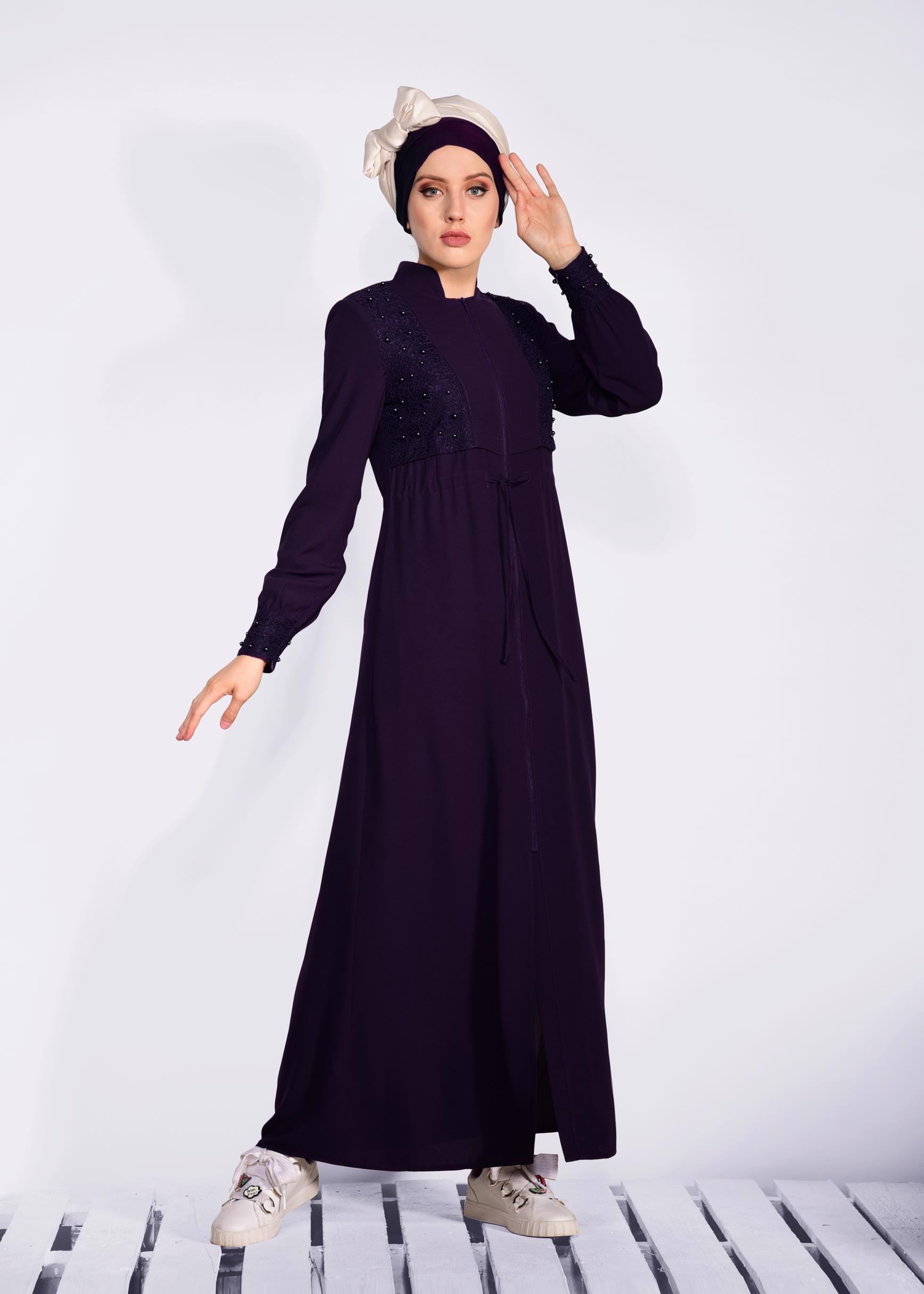 Tesettür giyim MÜRDÜM BELİ BÜZGÜLÜ BONCUK İŞLEMELİ FERACE 8286