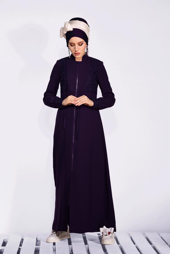 Hijab clothing DAMSON Shirred Waist Bead Embroidered Abaya 8286  - ALVİNA