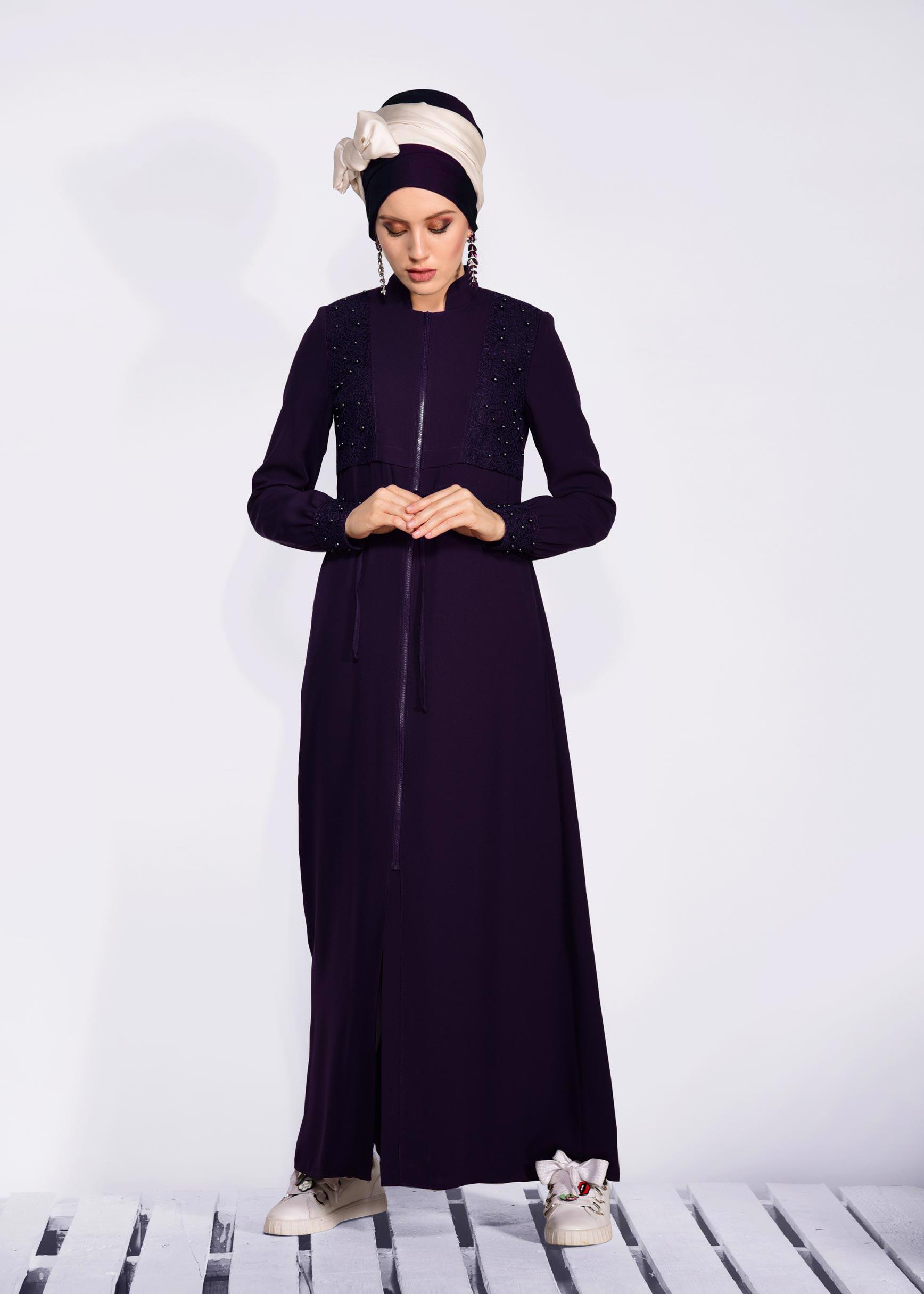 Tesettür giyim MÜRDÜM BELİ BÜZGÜLÜ BONCUK İŞLEMELİ FERACE 8286