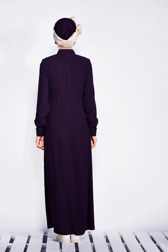 Hijab clothing DAMSON Shirred Waist Bead Embroidered Abaya 8286  - ALVİNA
