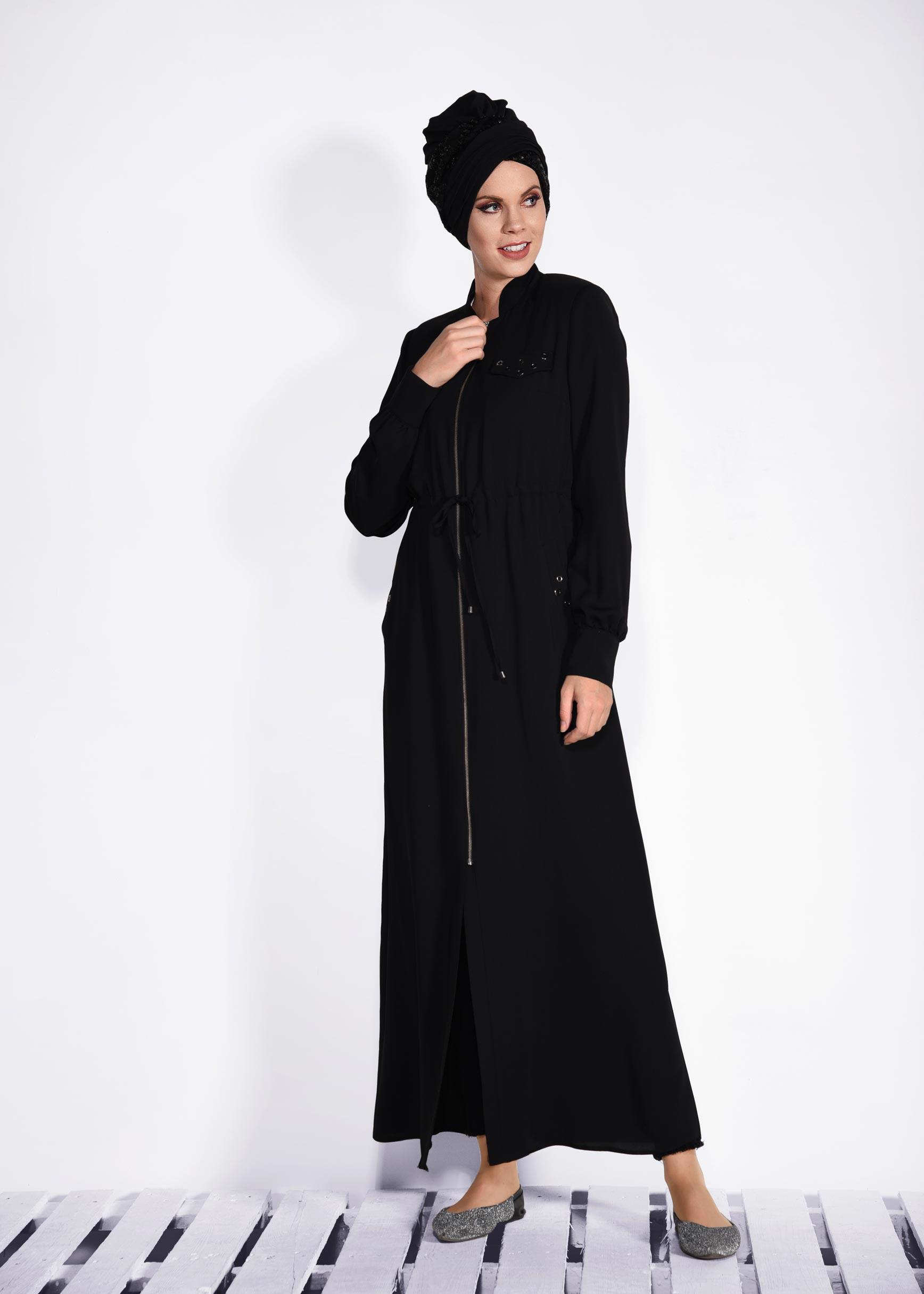 Tesettür giyim SİYAH KUŞGÖZÜ DETAYLI FERMUARLI FERACE 8289