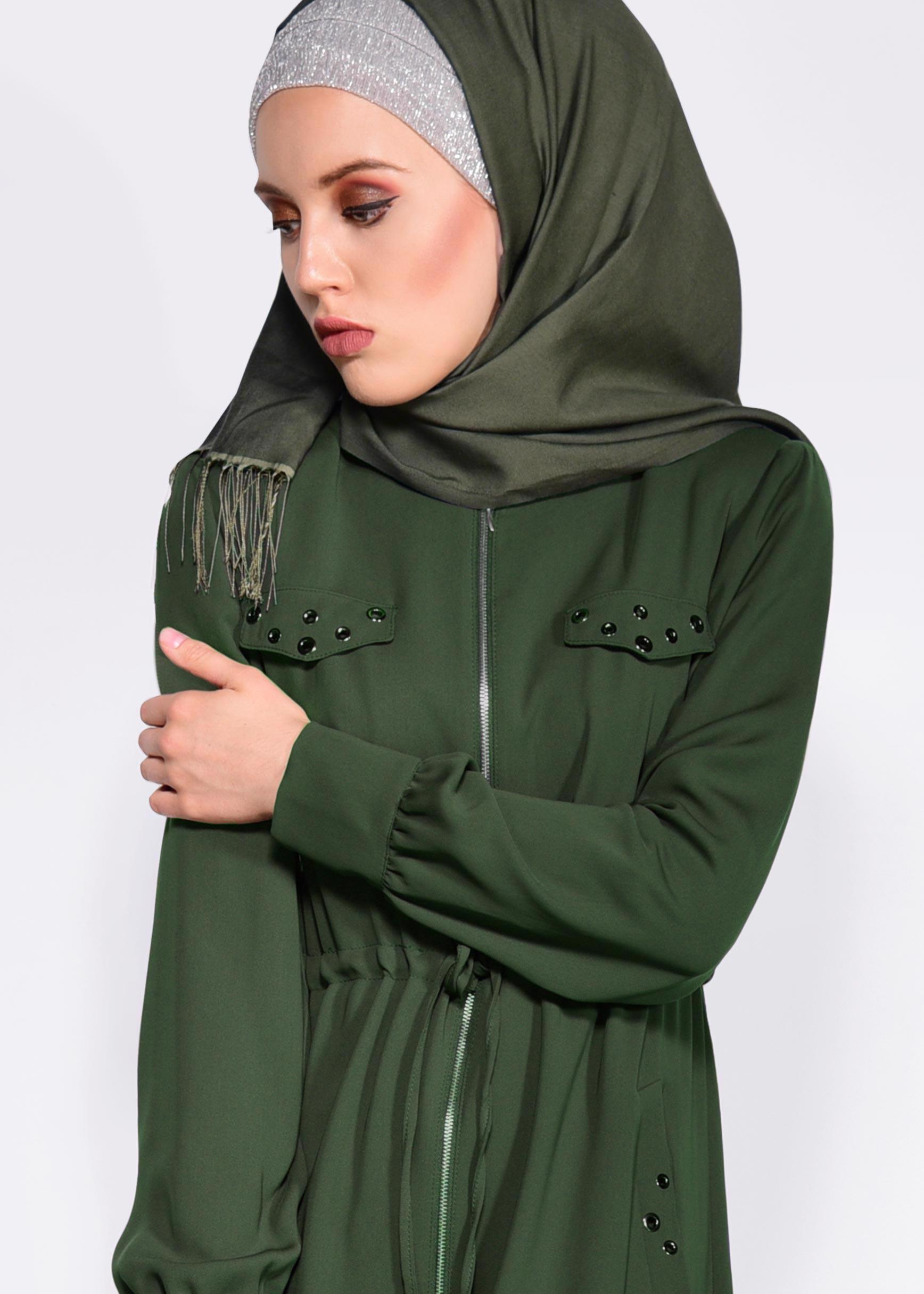 Tesettür giyim HAKİ KUŞGÖZÜ DETAYLI FERMUARLI FERACE 8289