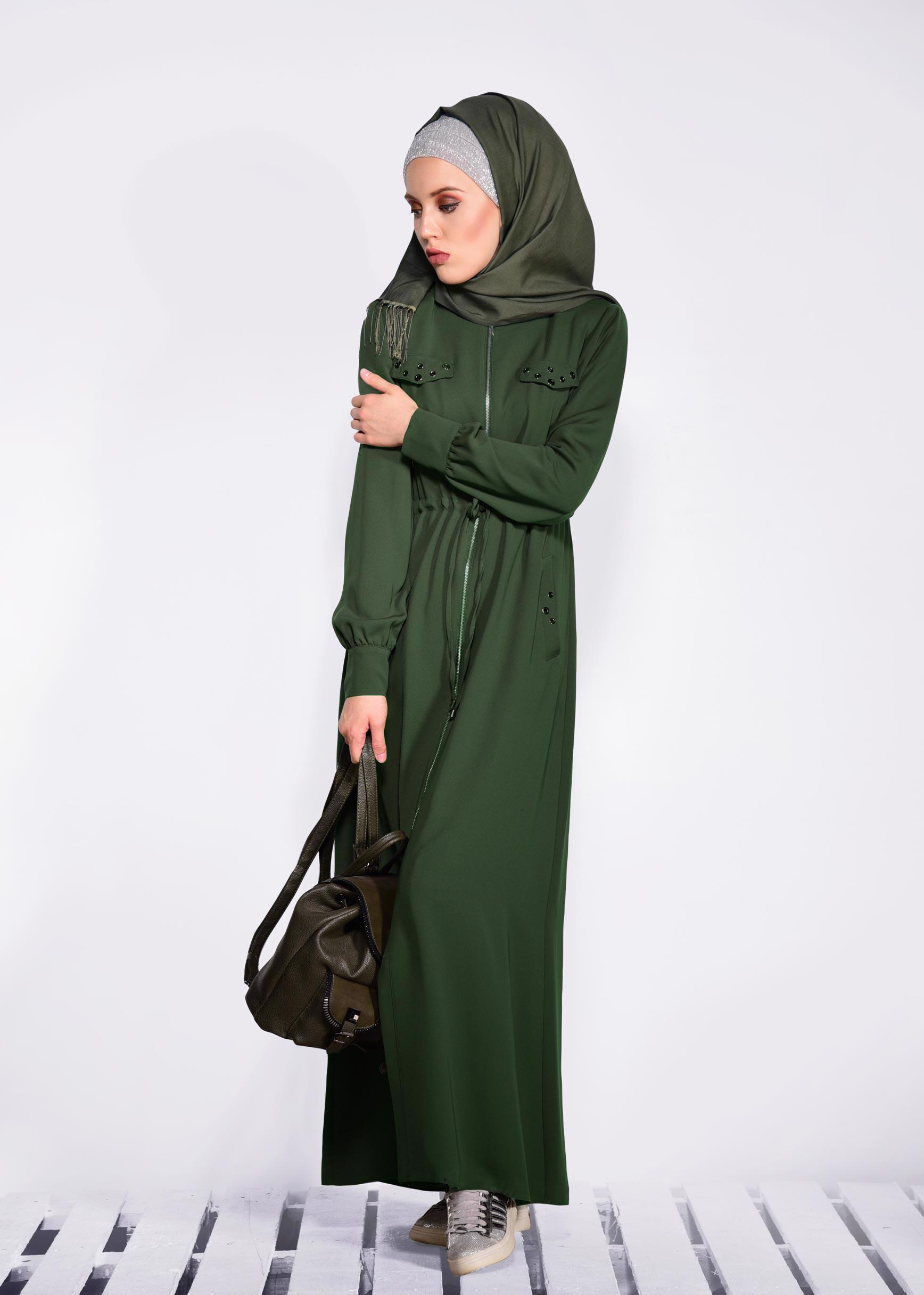 Tesettür giyim HAKİ KUŞGÖZÜ DETAYLI FERMUARLI FERACE 8289