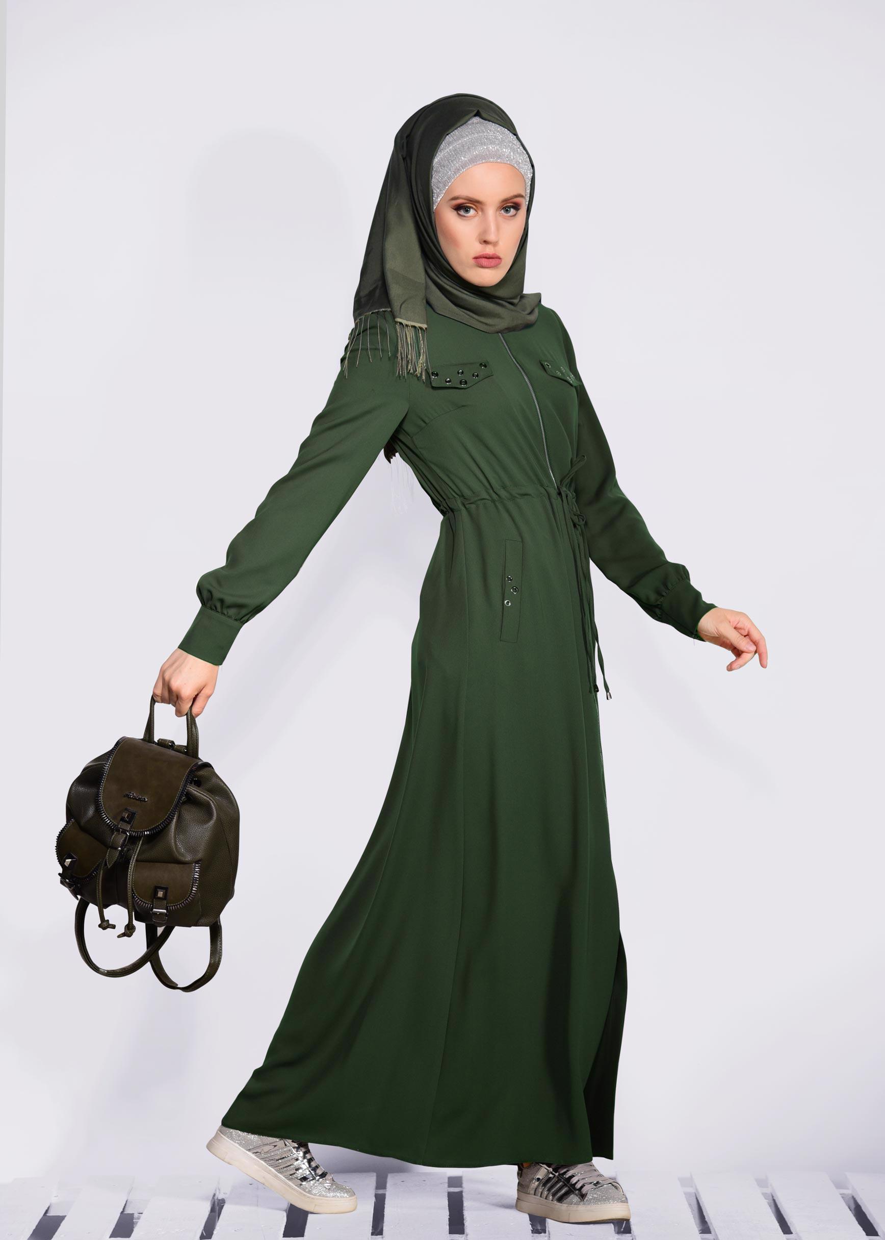 Tesettür giyim HAKİ KUŞGÖZÜ DETAYLI FERMUARLI FERACE 8289