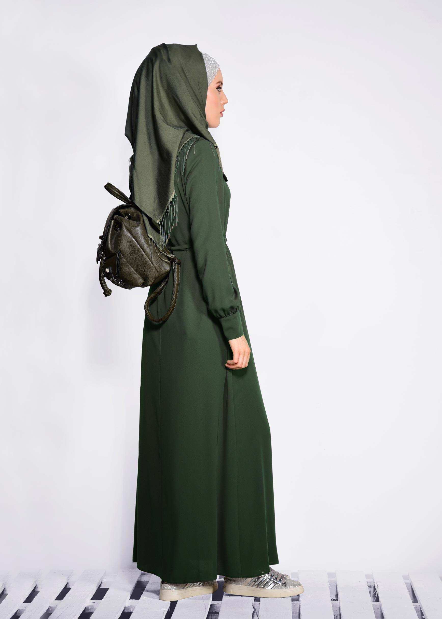 Tesettür giyim HAKİ KUŞGÖZÜ DETAYLI FERMUARLI FERACE 8289