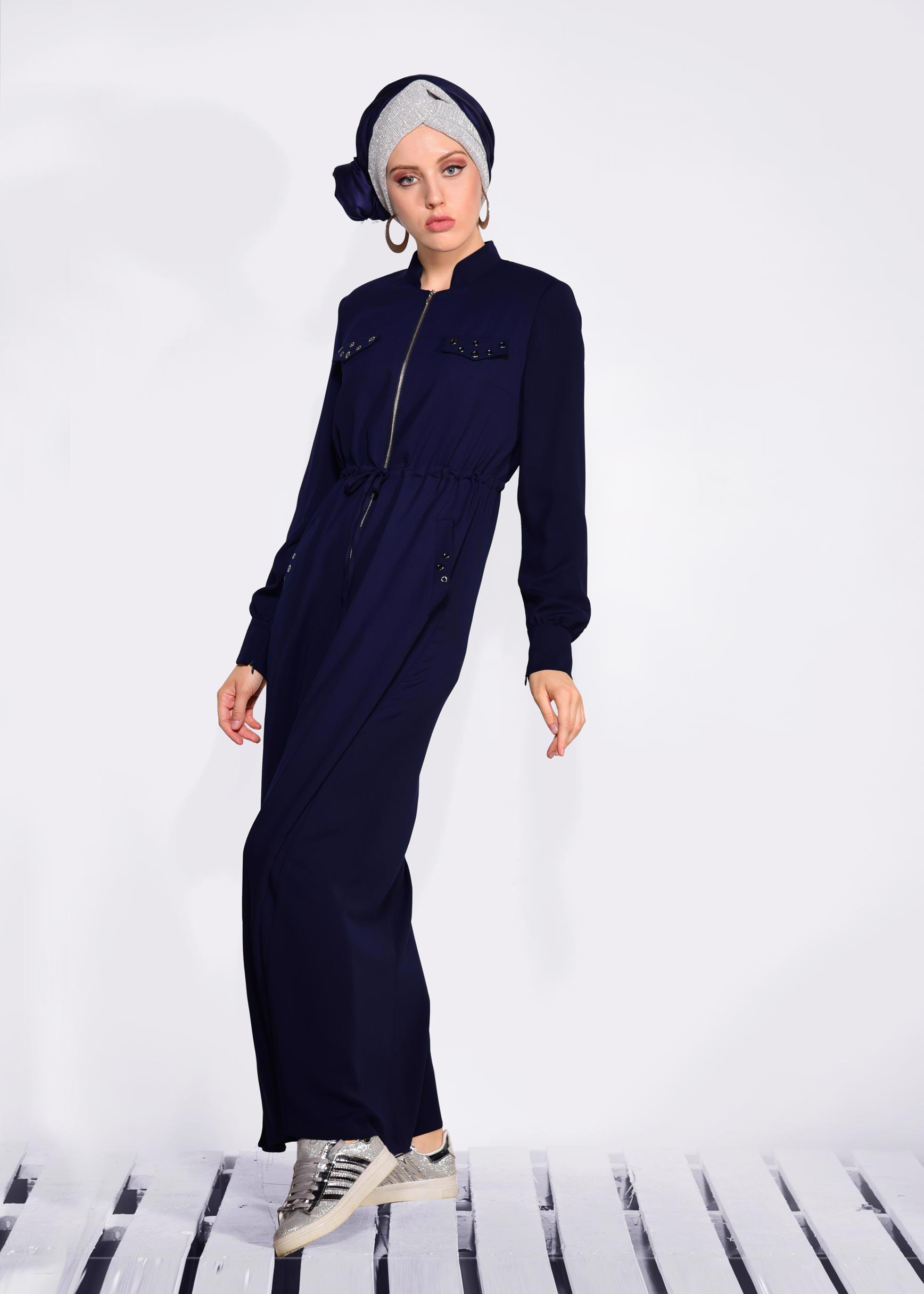 Tesettür giyim LACİVERT KUŞGÖZÜ DETAYLI FERMUARLI FERACE 8289