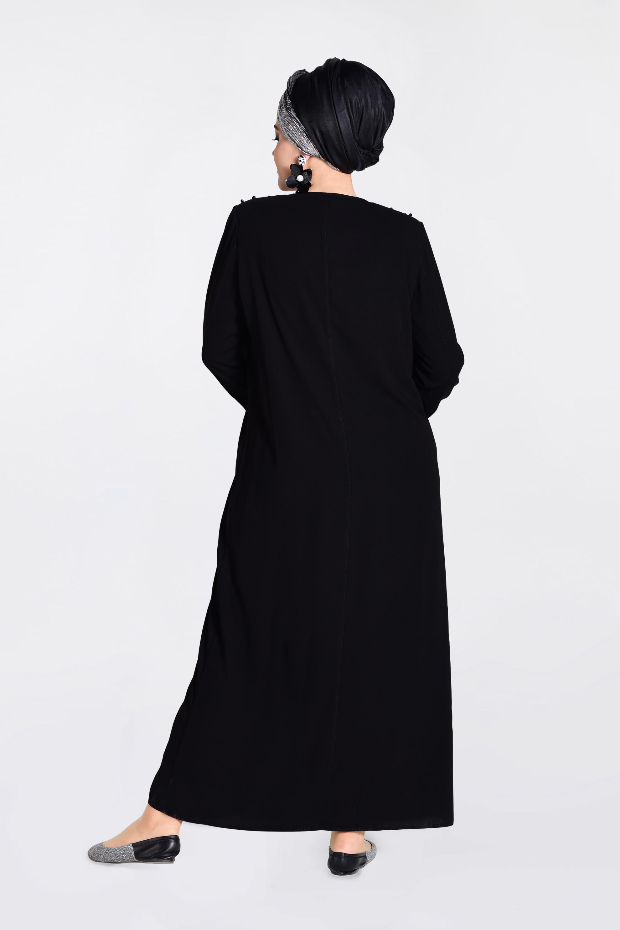 Tesettür giyim SİYAH İNCİ DETAYLI FERMUARLI FERACE 8290 