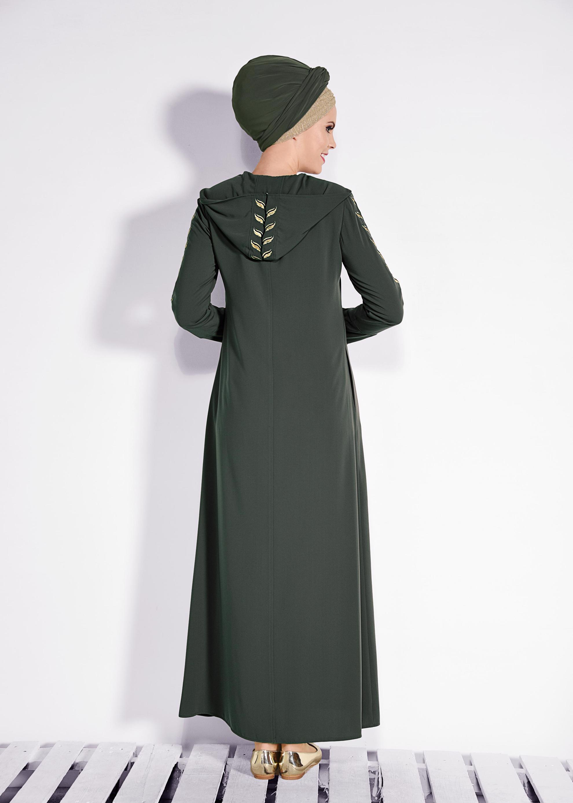 Tesettür giyim HAKİ YAPRAK DESENLİ KAPÜŞONLU FERACE 8293