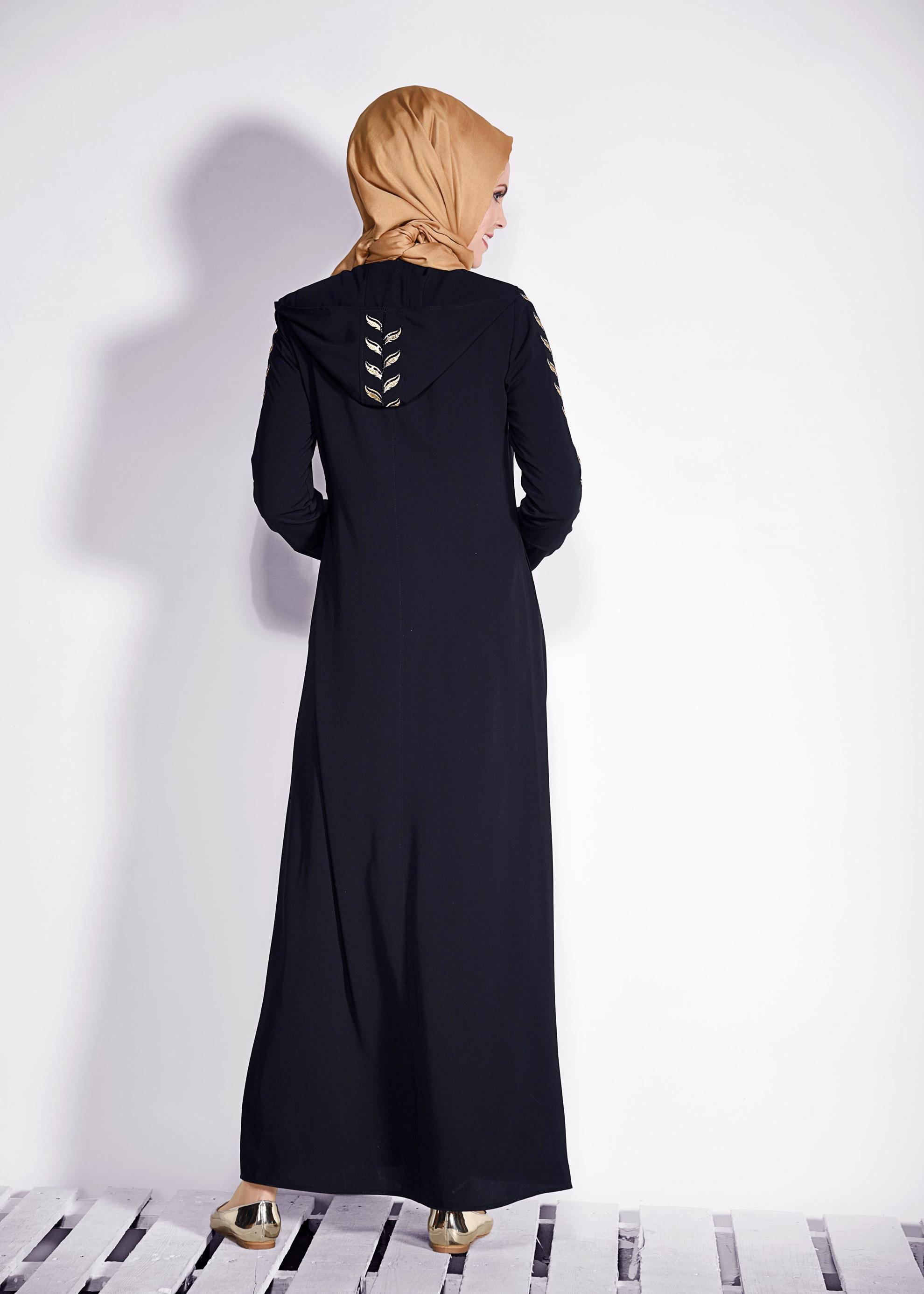 Tesettür giyim LACİVERT YAPRAK DESENLİ KAPÜŞONLU FERACE 8293