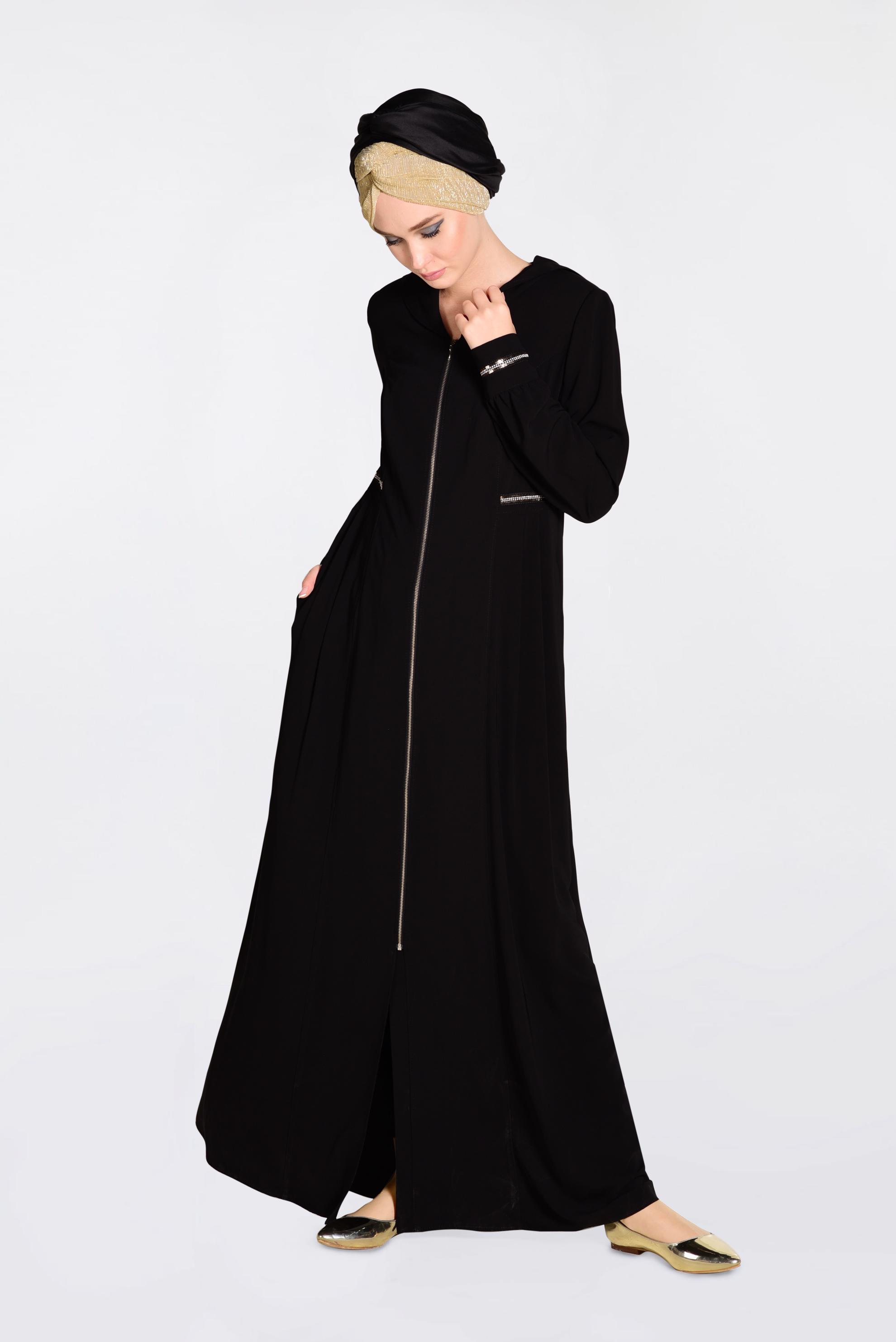 Hijab clothing BLACK Zippered and Pocketed Abaya 8294