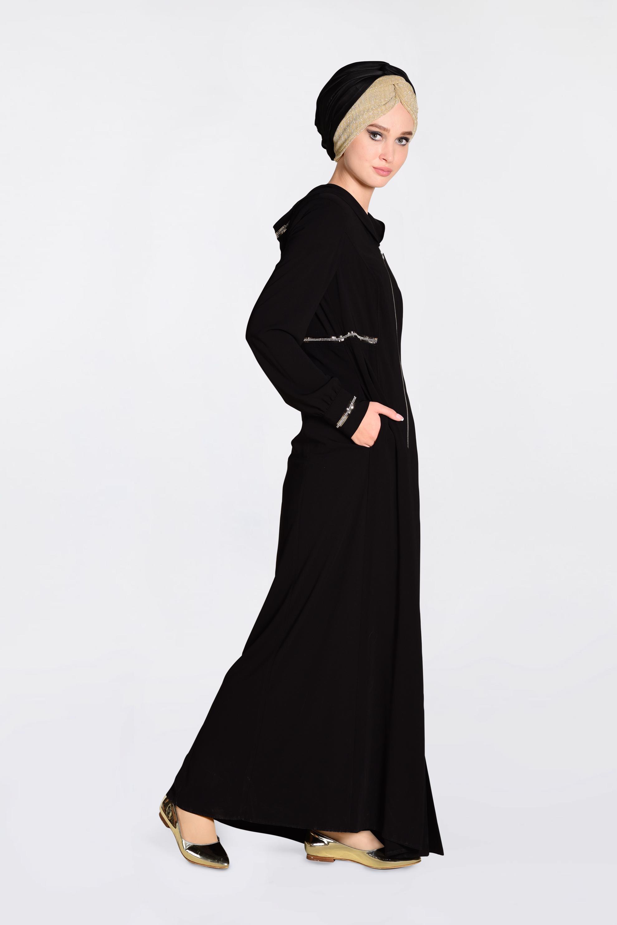 Hijab clothing BLACK Zippered and Pocketed Abaya 8294