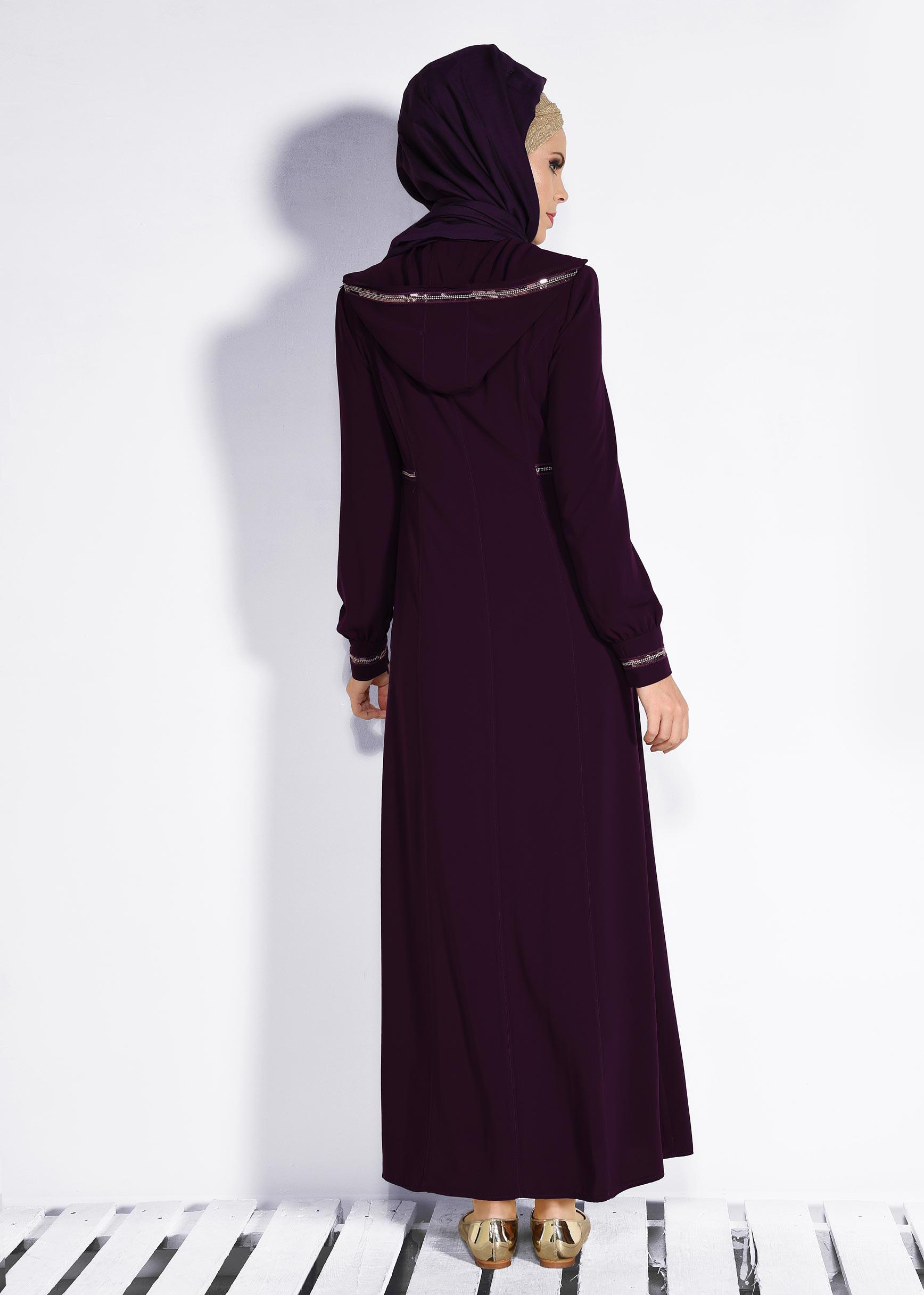 Tesettür giyim BORDO FERMUARLI VE CEPLİ FERACE 8294