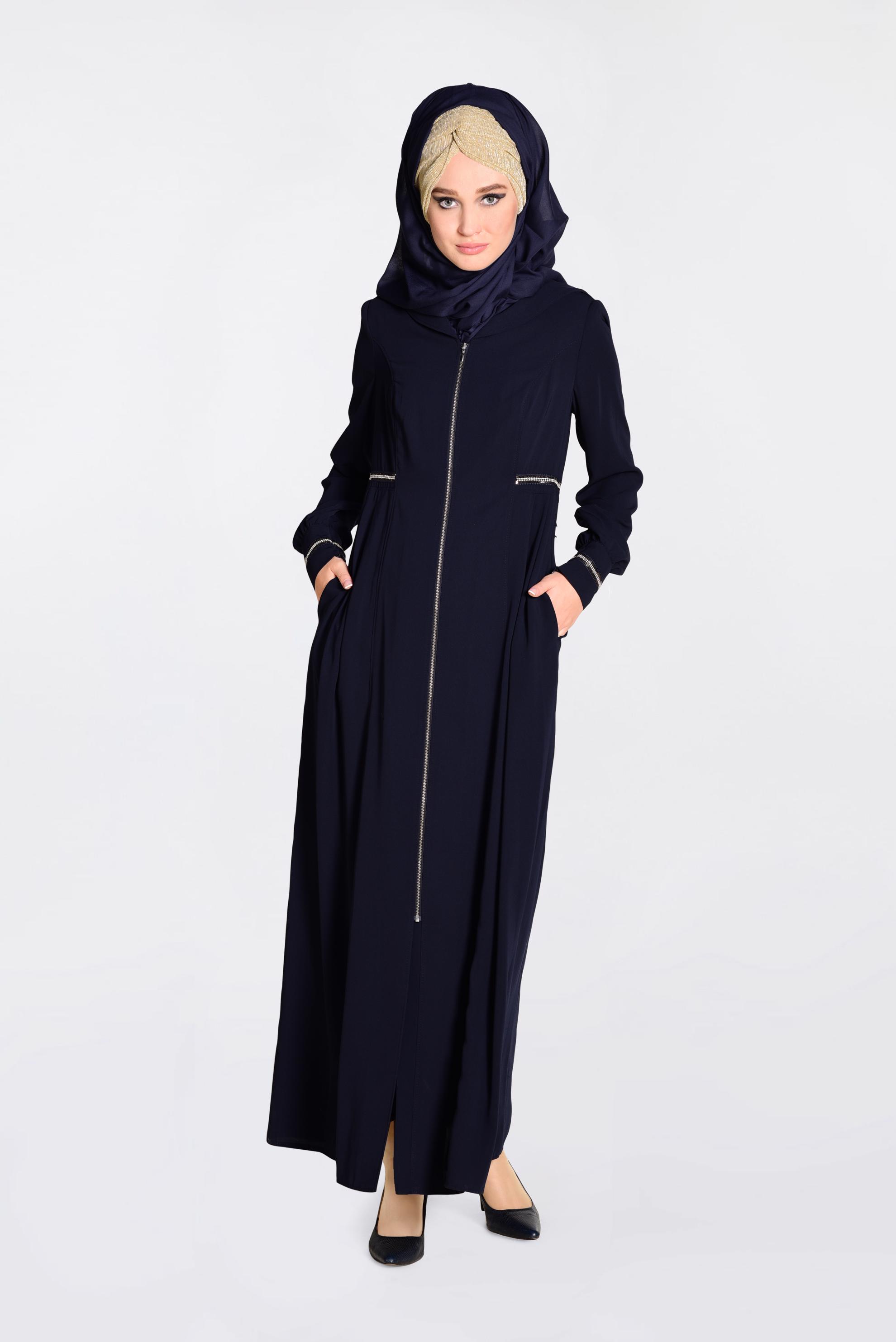 Tesettür giyim LACİVERT FERMUARLI VE CEPLİ FERACE 8294