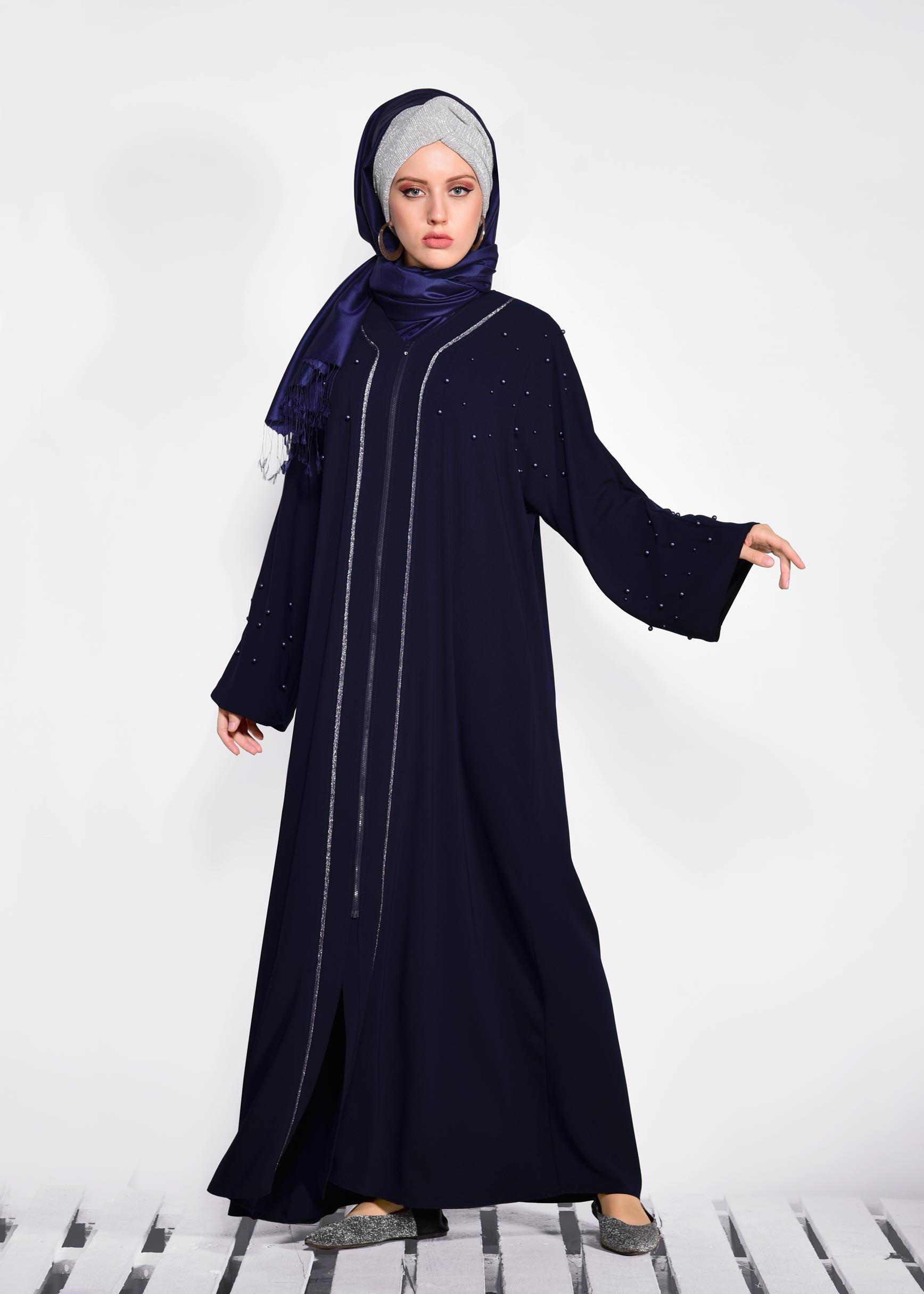 Hijab clothing NAVY BLUE  Pearl Detail Zipper Abaya 8295 