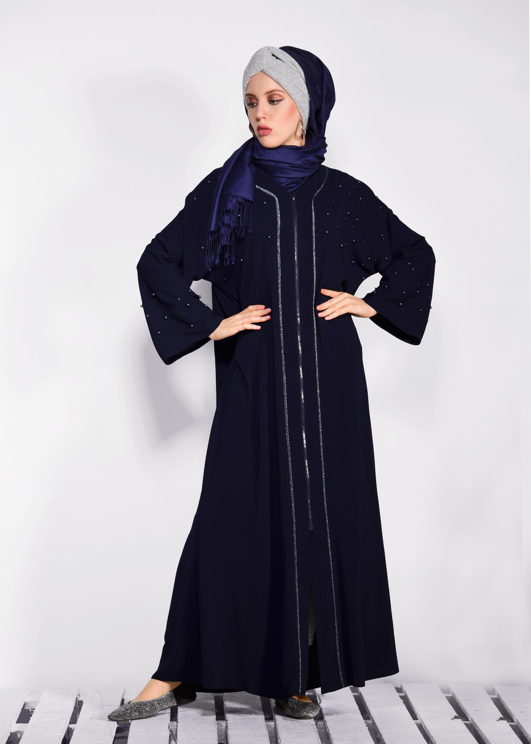 Hijab clothing NAVY BLUE  Pearl Detail Zipper Abaya 8295 