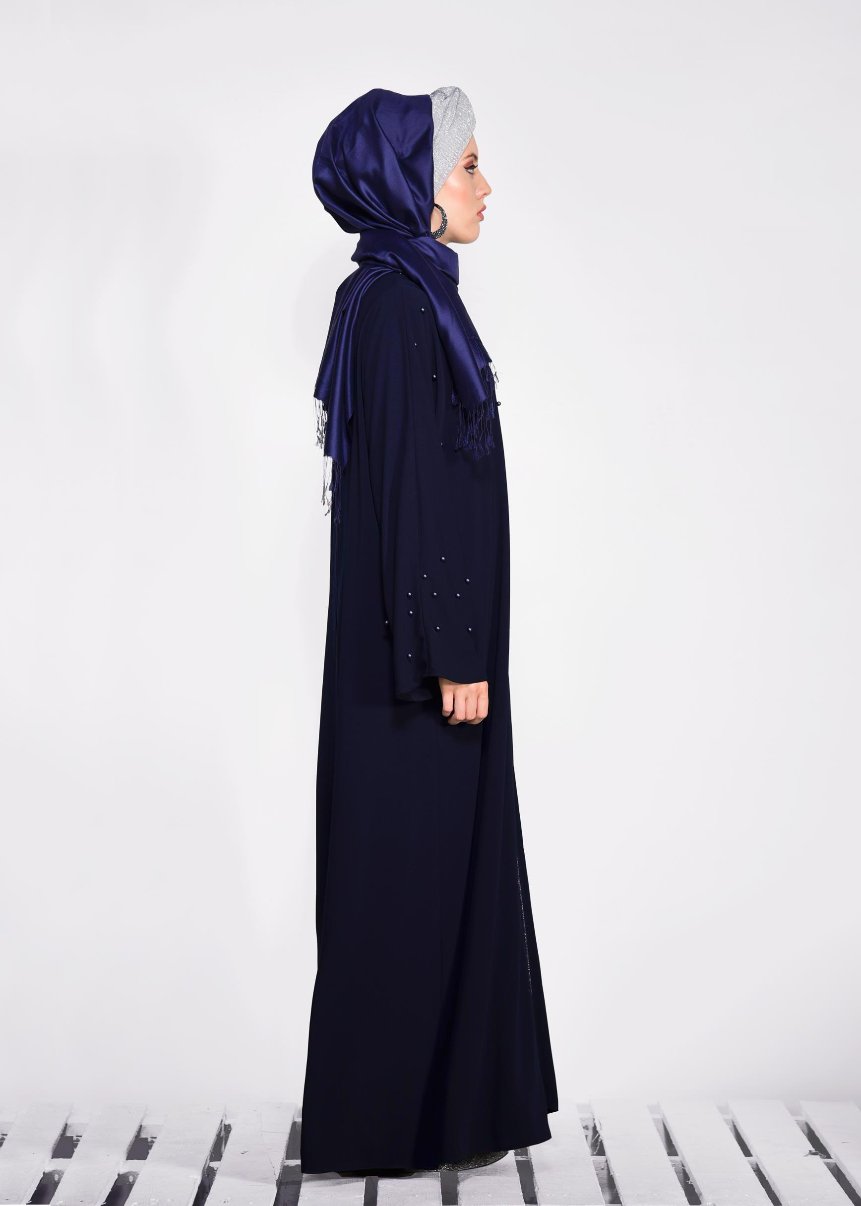 Hijab clothing NAVY BLUE  Pearl Detail Zipper Abaya 8295 