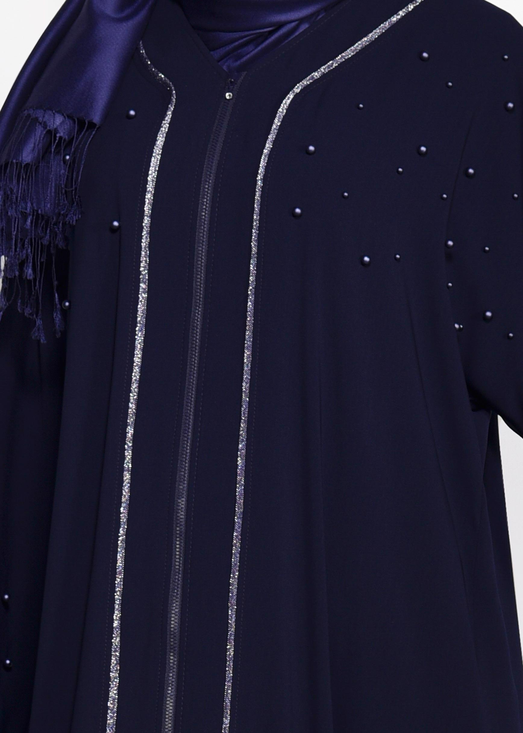 Hijab clothing NAVY BLUE  Pearl Detail Zipper Abaya 8295 