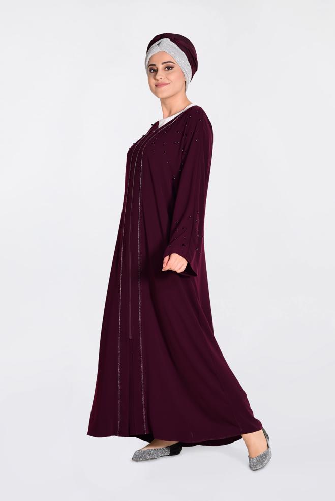 Hijab clothing CLARET RED  Pearl Detail Zipper Abaya 8295  - ALVİNA