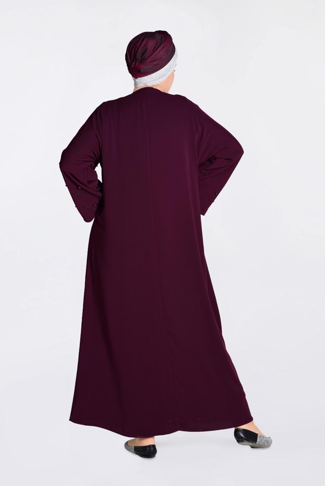 Hijab clothing CLARET RED  Pearl Detail Zipper Abaya 8295  - ALVİNA