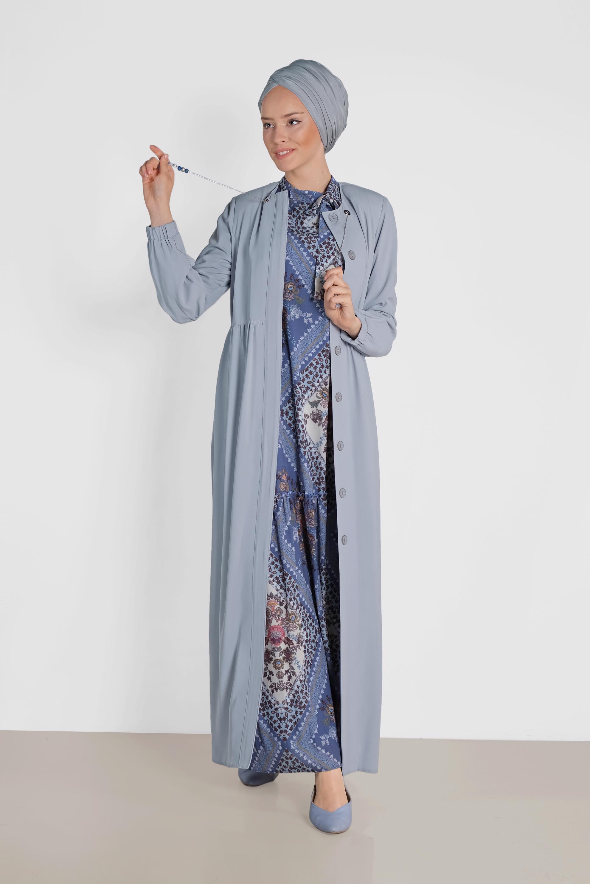 Hijab clothing GREY Tassel and Beaded Hidden Buttoned Abaya 8300 