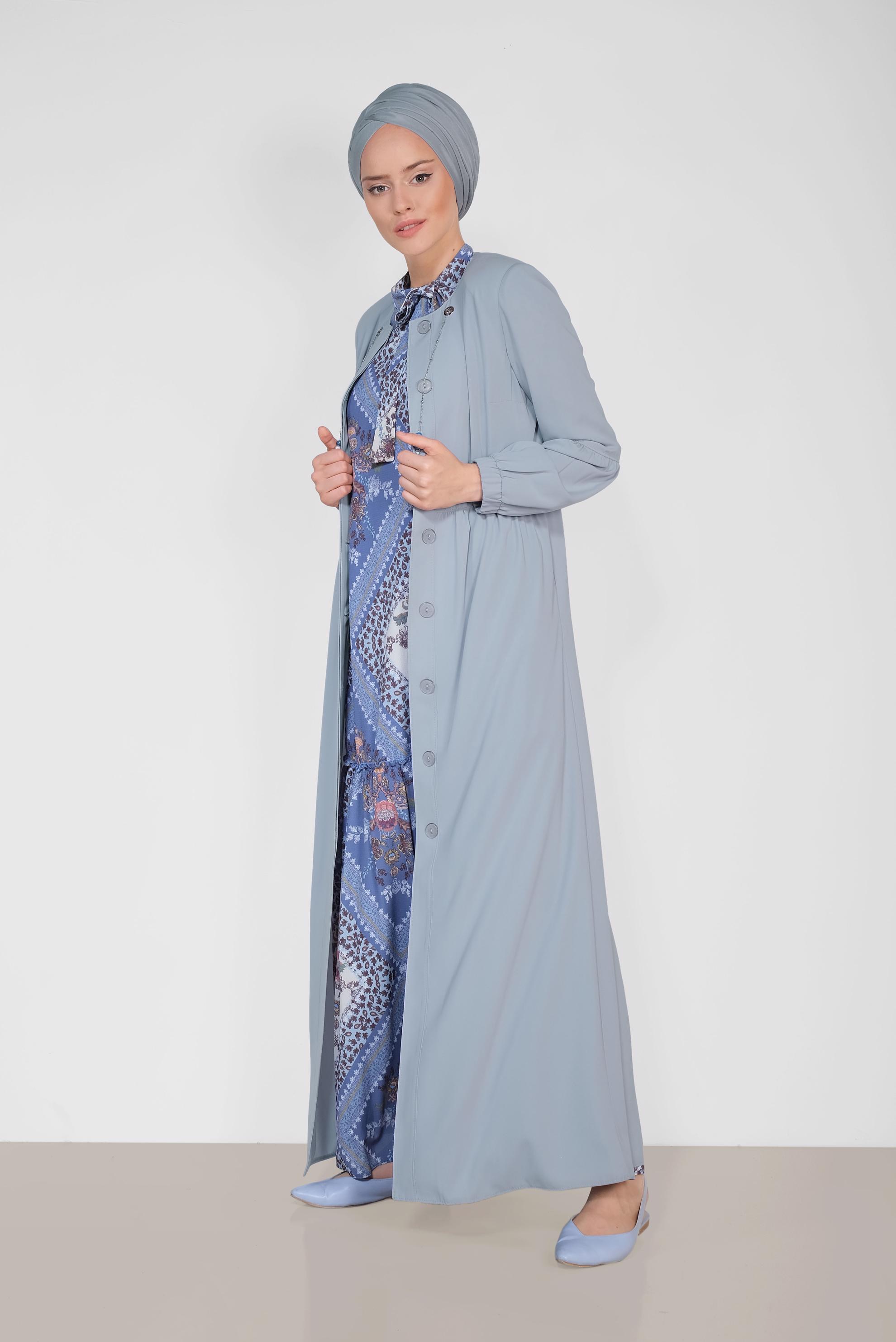Hijab clothing GREY Tassel and Beaded Hidden Buttoned Abaya 8300 